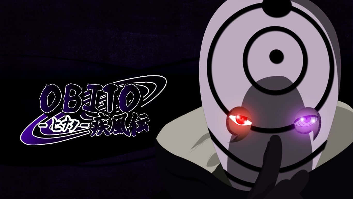 Obito Uchiha 桌布 壁紙 — 一個戴著白色面具、眼睛發出紅紫光芒的動漫角色，在黑暗背景上帶有風格化文字，將手指放在嘴唇上。