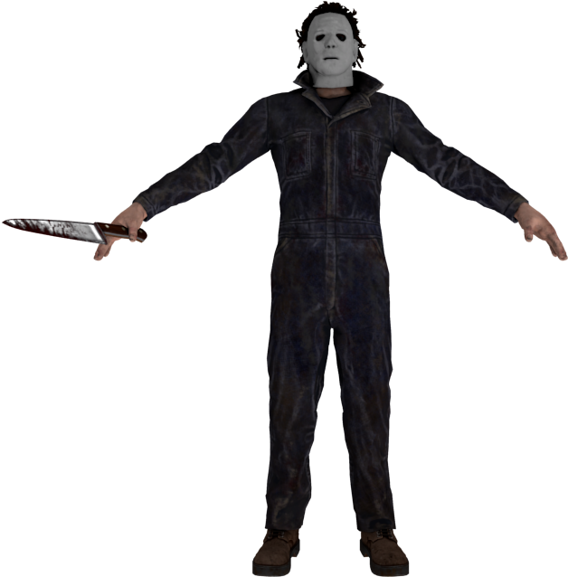 Dead By Daylight 桌布 壁紙 — 一個戴著白色面具、身穿沾污藍色連身工作服的威脅人物，在黑色背景前拿著一把血淋淋的刀。