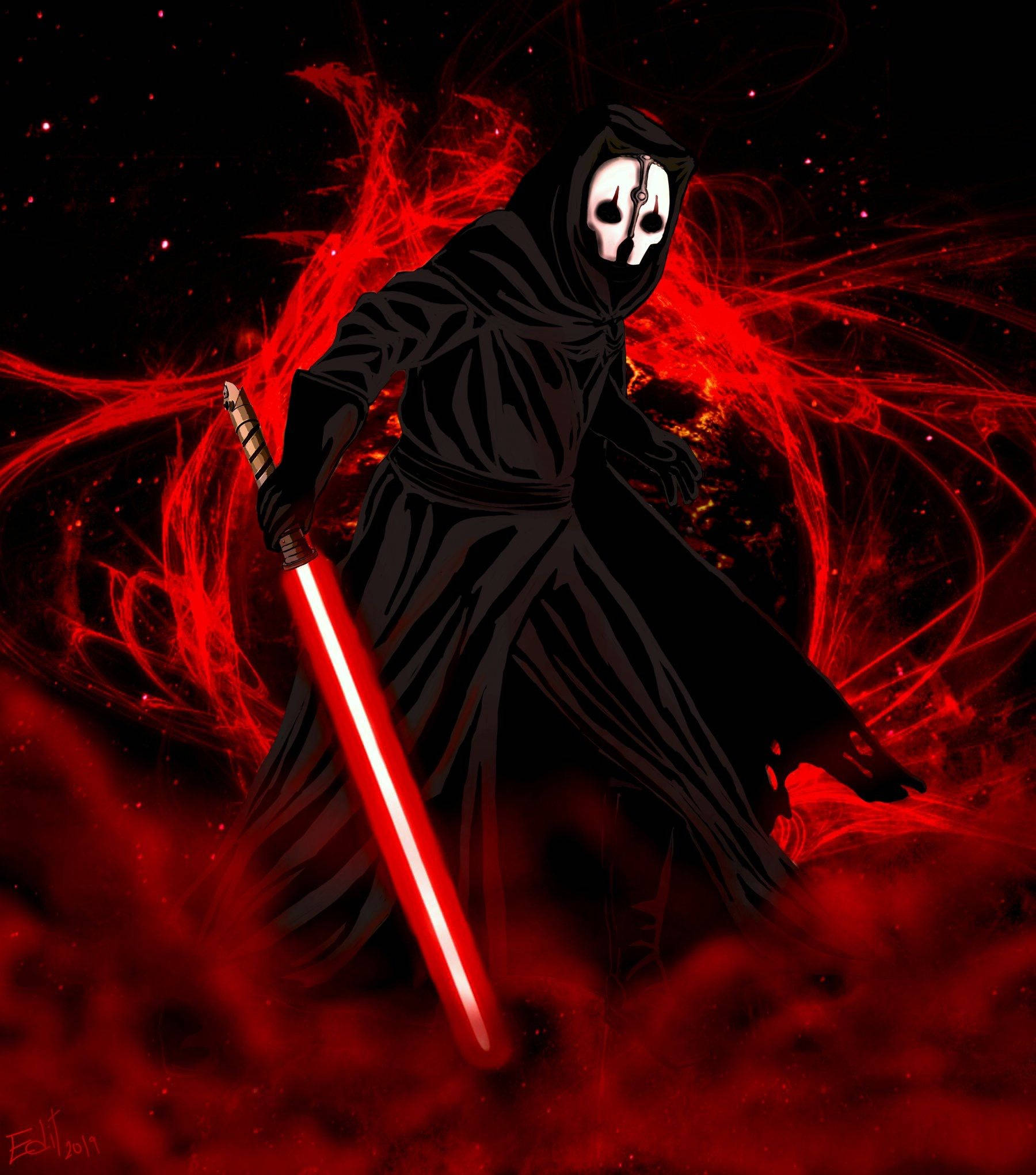Darth Nihilus 桌布 壁紙 — 一個戴著白色面具的兜帽人物，在旋轉的紅色宇宙背景下揮舞著發光的紅色光劍。