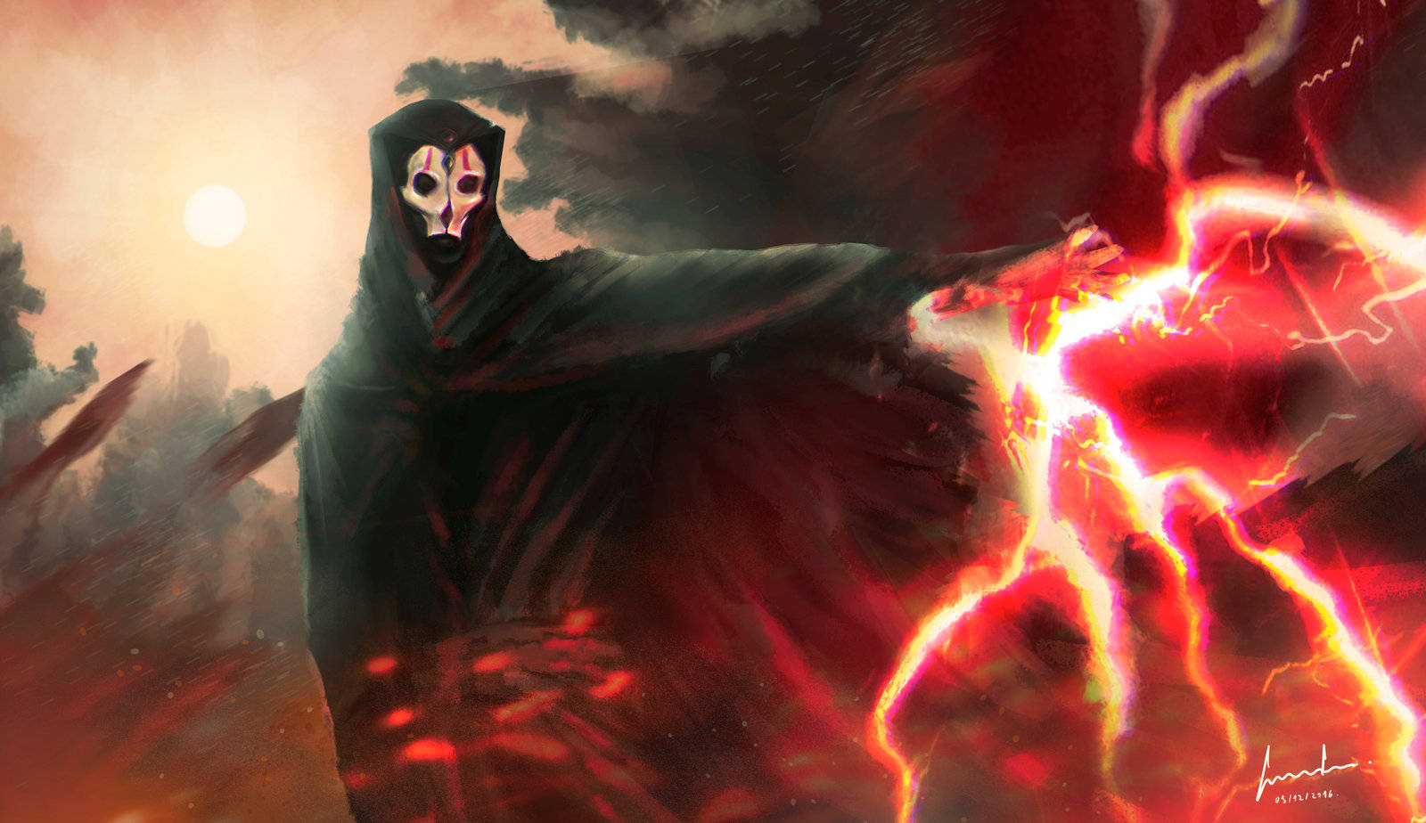 Darth Nihilus 桌布 壁紙 — 一個戴著白色面具的兜帽人物，在熾熱的日落天空下揮舞著熾熱的紅色閃電。