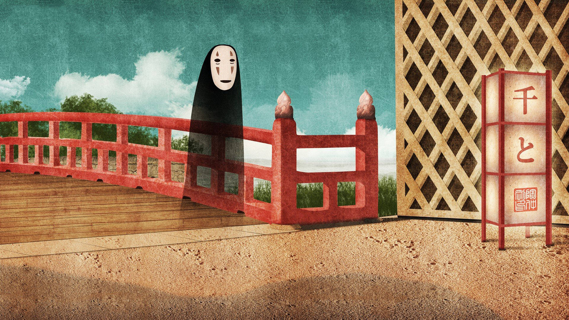 No Face 桌布 壁紙 — 一個戴著白色面具的鬼影站在紅色橋上，旁邊有傳統日本燈籠和木格柵欄，天空是藍綠色。