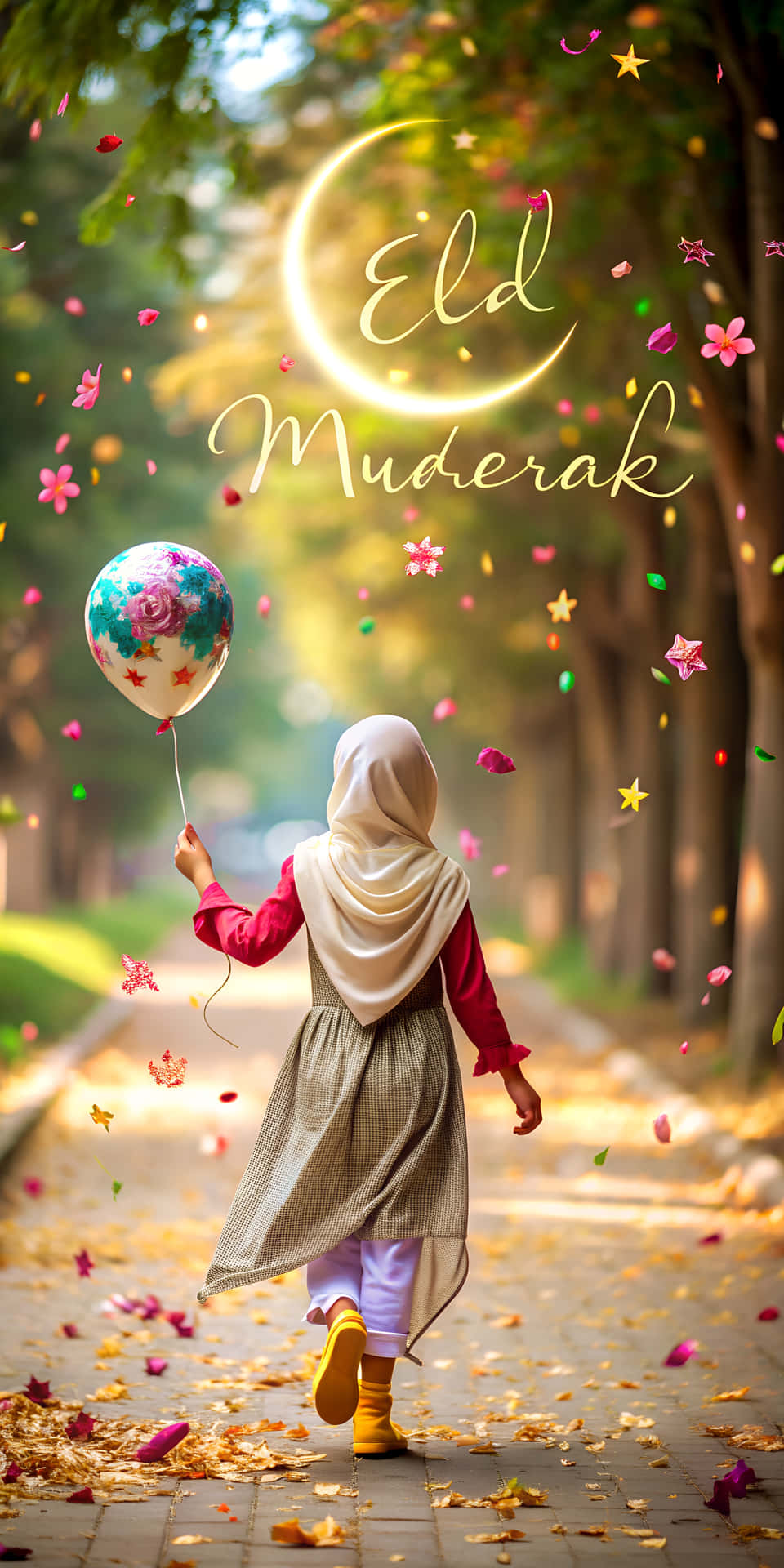 Muslim Girl in Hijab Running with Eid Mubarak Crescent Balloon, Surrounded by Festive Petals 壁紙 — 一個戴著白色頭巾的小女孩沿著樹木成蔭的小路走著，手持一個花卉氣球，粉紅色的花瓣和星星在她周圍飄浮，下方是閃爍的彎月，上面寫著「Eid Mubarak」字樣。