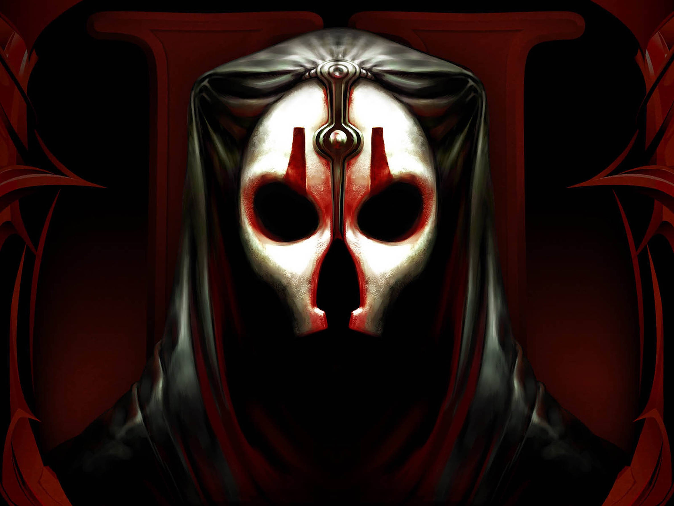 Darth Nihilus 桌布 壁紙 — 一個戴著白色骷髏面具和紅色點綴的威脅性兜帽人物，站在深紅色華麗背景前。