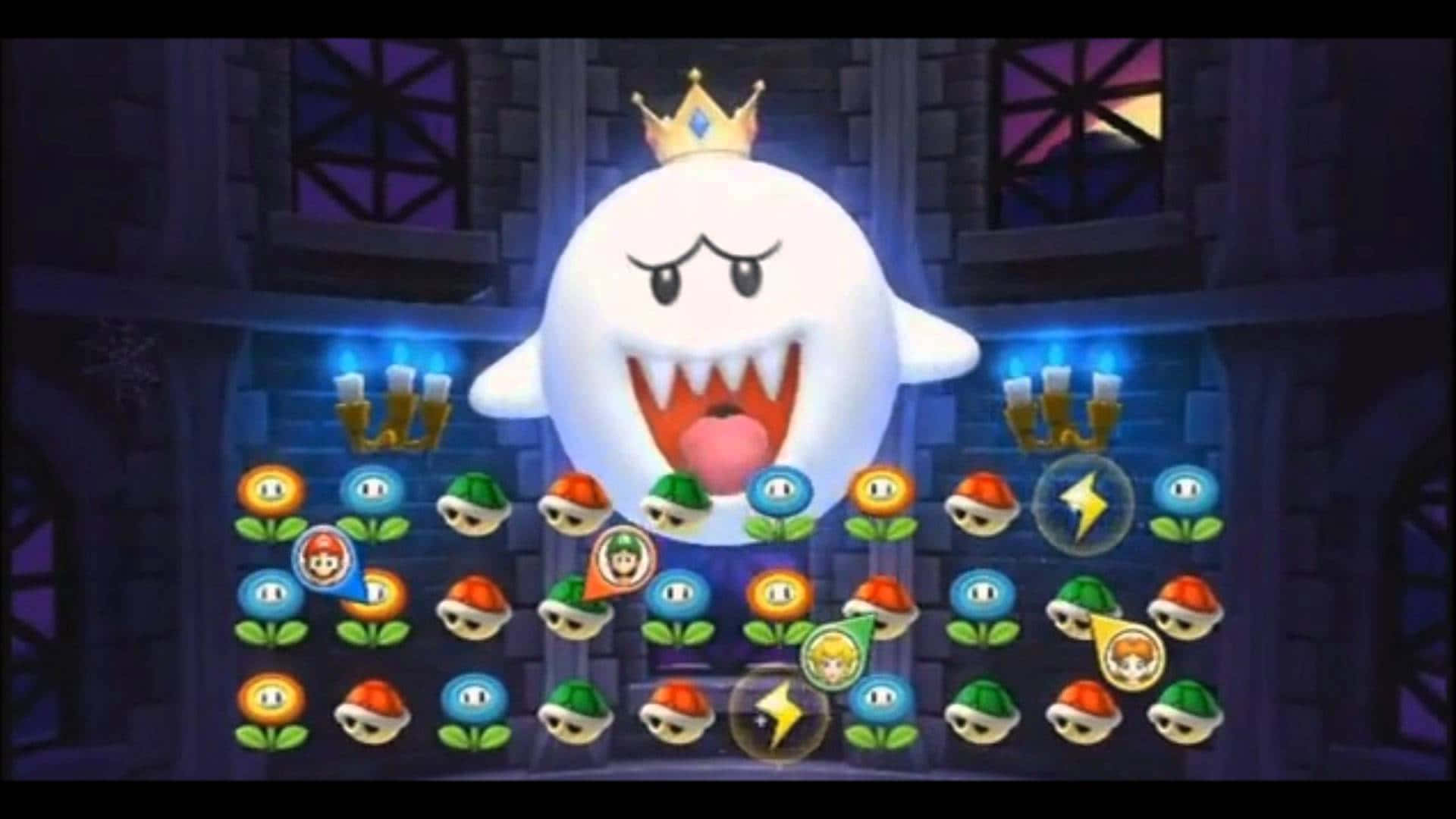 King Boo 桌布 壁紙 — 一個戴著皇冠、咧嘴大笑的鬼魂，在黑暗城堡場景中，籠罩著一個由彩色蘑菇角色組成的網格。