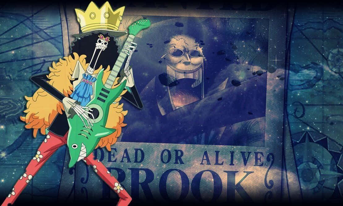 Brook 桌布 壁紙 — 一個戴著皇冠、拿著吉他的骷髏海盜站在布魯克的肖像前，背景是星空藍色。