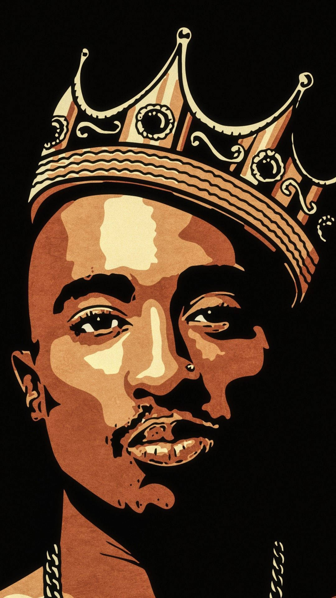 tupac 桌布 壁紙 — 一個戴著皇冠、掛著金鏈的男子風格化肖像，背景為黑色，色調為溫暖的懷舊棕色。