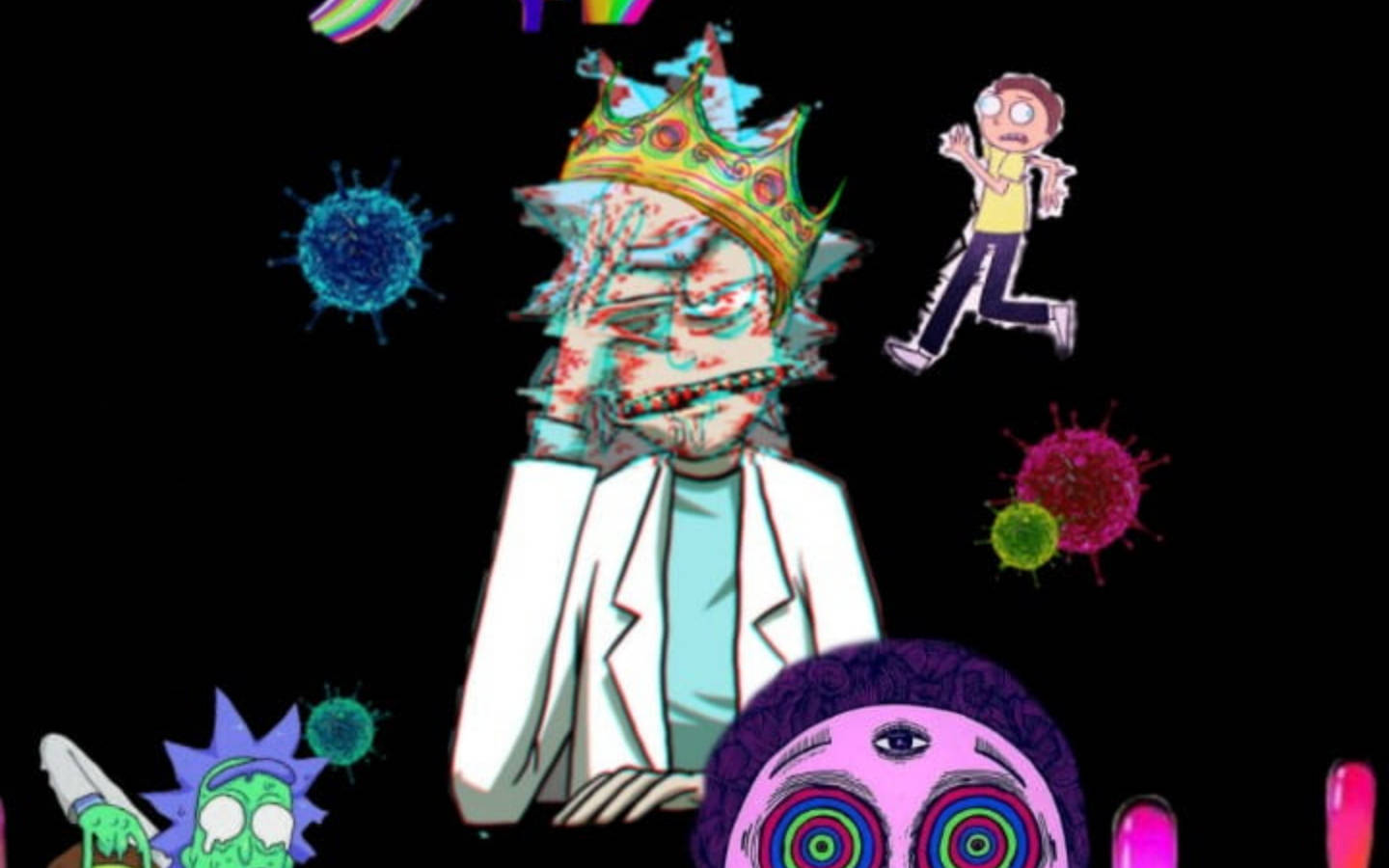 rick 桌布 壁紙 — 一個戴著皇冠、滿臉鮮血的卡通科學家，被漂浮的病毒和逃跑的角色包圍，背景為黑色。