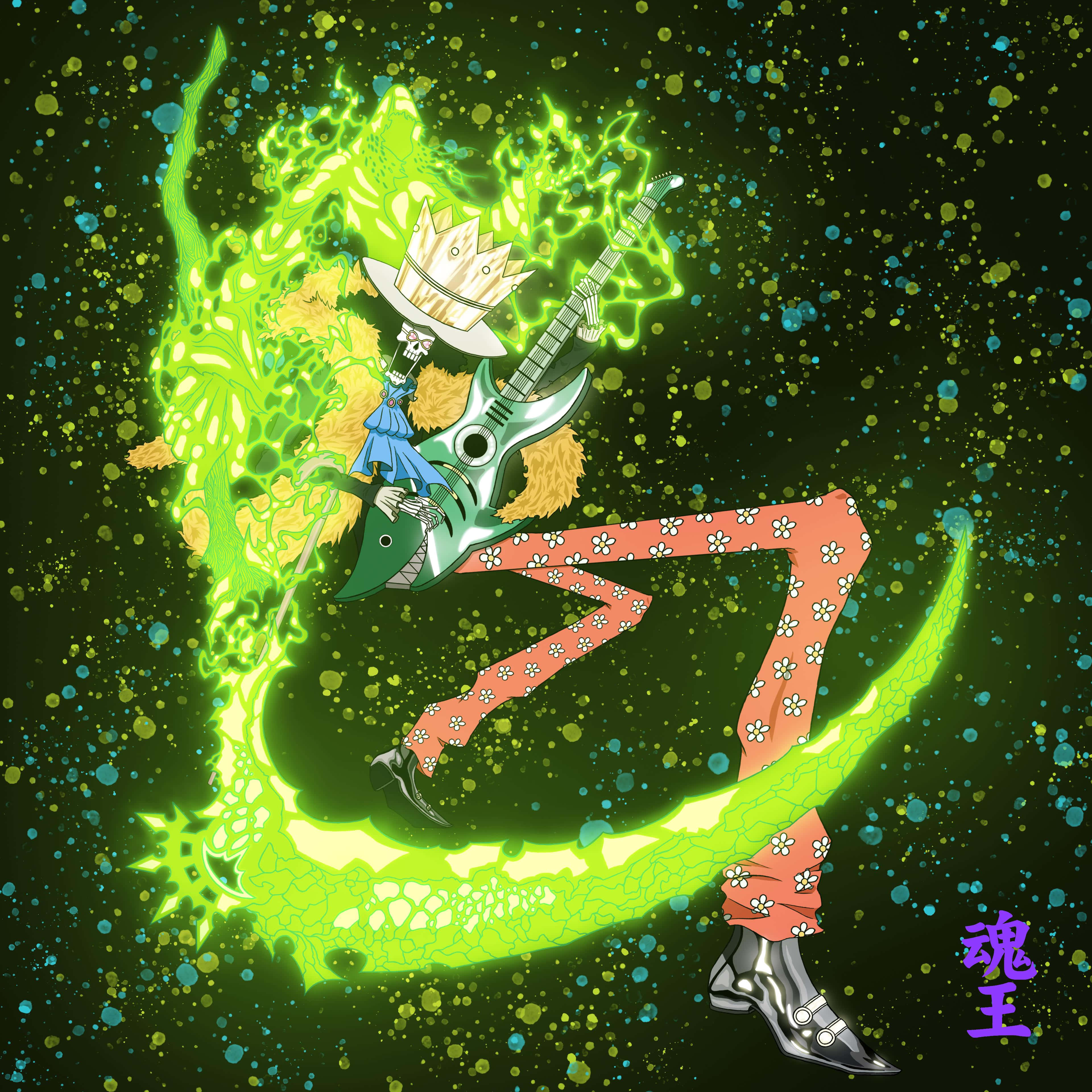 Brook 桌布 壁紙 — 一個戴著皇冠、穿著花卉圖案褲子的骷髏動漫角色，在閃爍的粒子中彈奏發光的綠色電吉他。