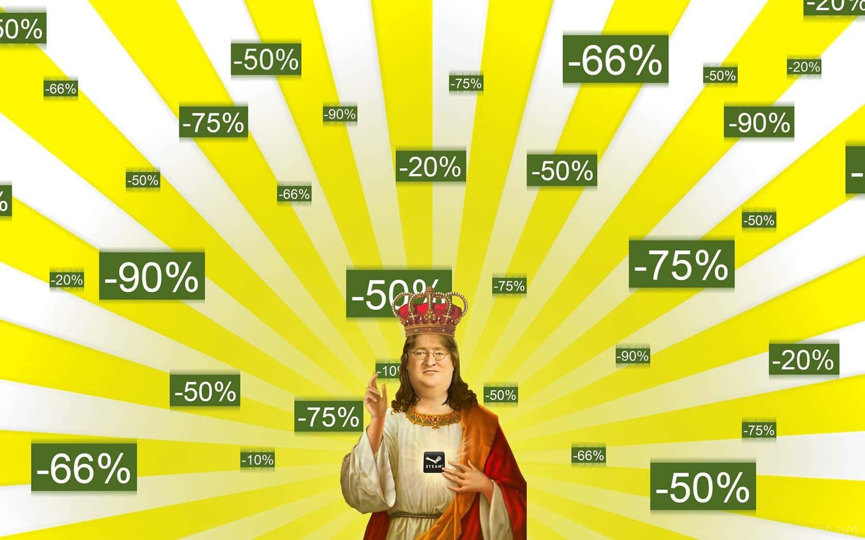Sales 桌布 壁紙 — 一個戴著皇冠、身穿長袍的男人在黃色光芒和漂浮的折扣標誌中做手勢。