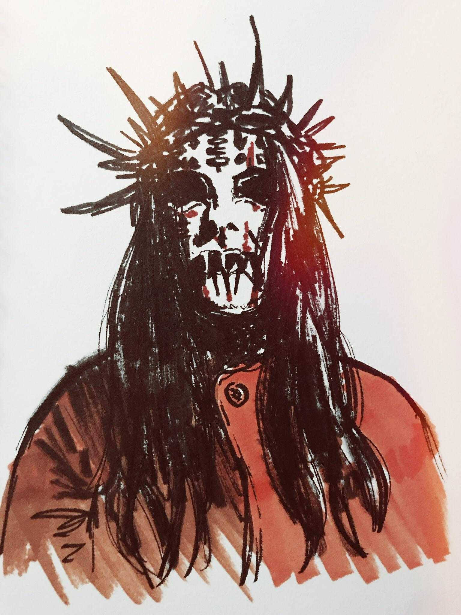 Joey Jordison 桌布 壁紙 — 一個戴著皇冠、長長黑髮、尖牙的人物，在純色背景上的令人難忘的插圖。
