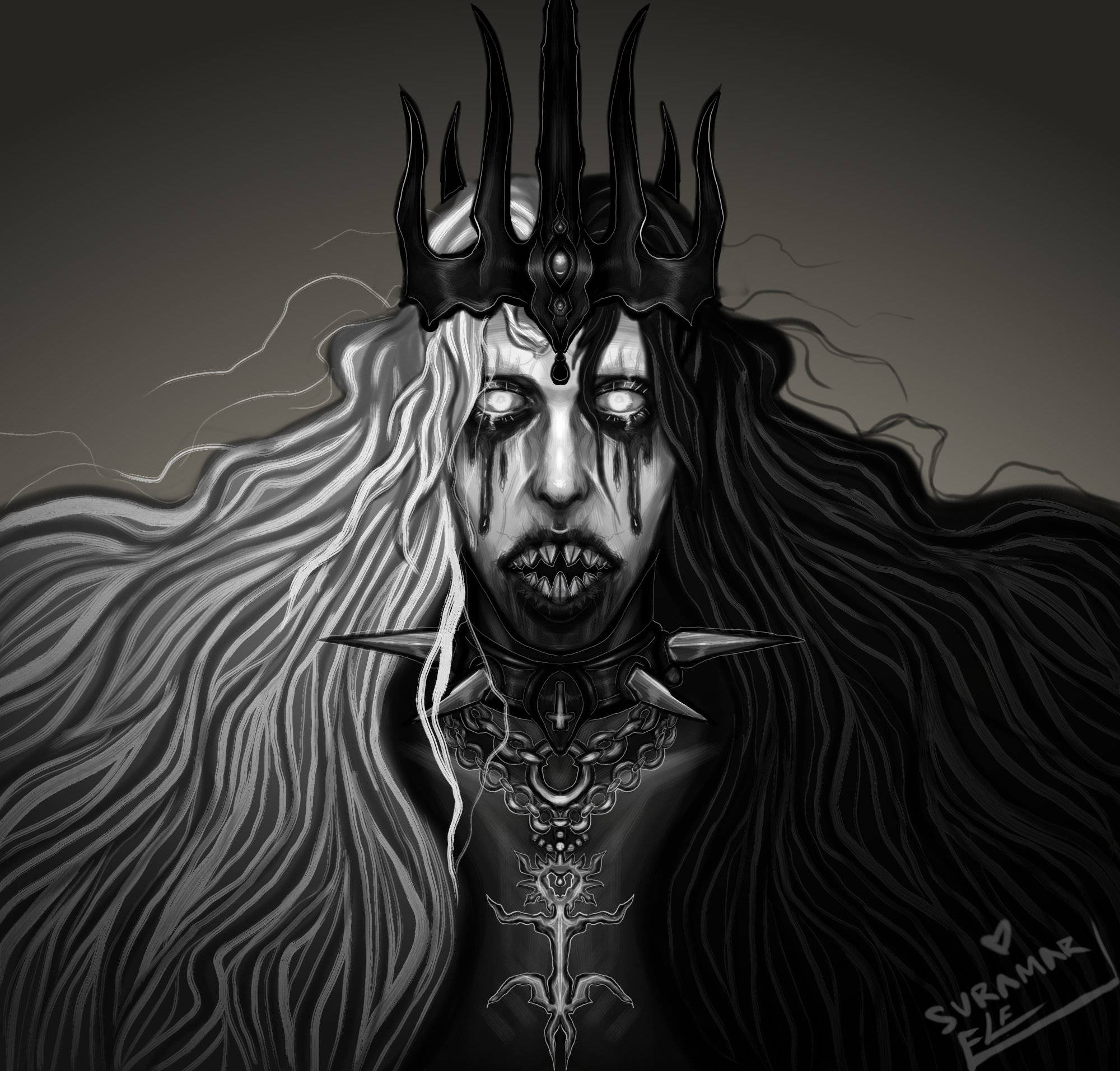 Ghostemane 桌布 壁紙 — 一個戴著皇冠、長髮、眼睛發光的惡魔人物的黑白插圖，令人毛骨悚然。