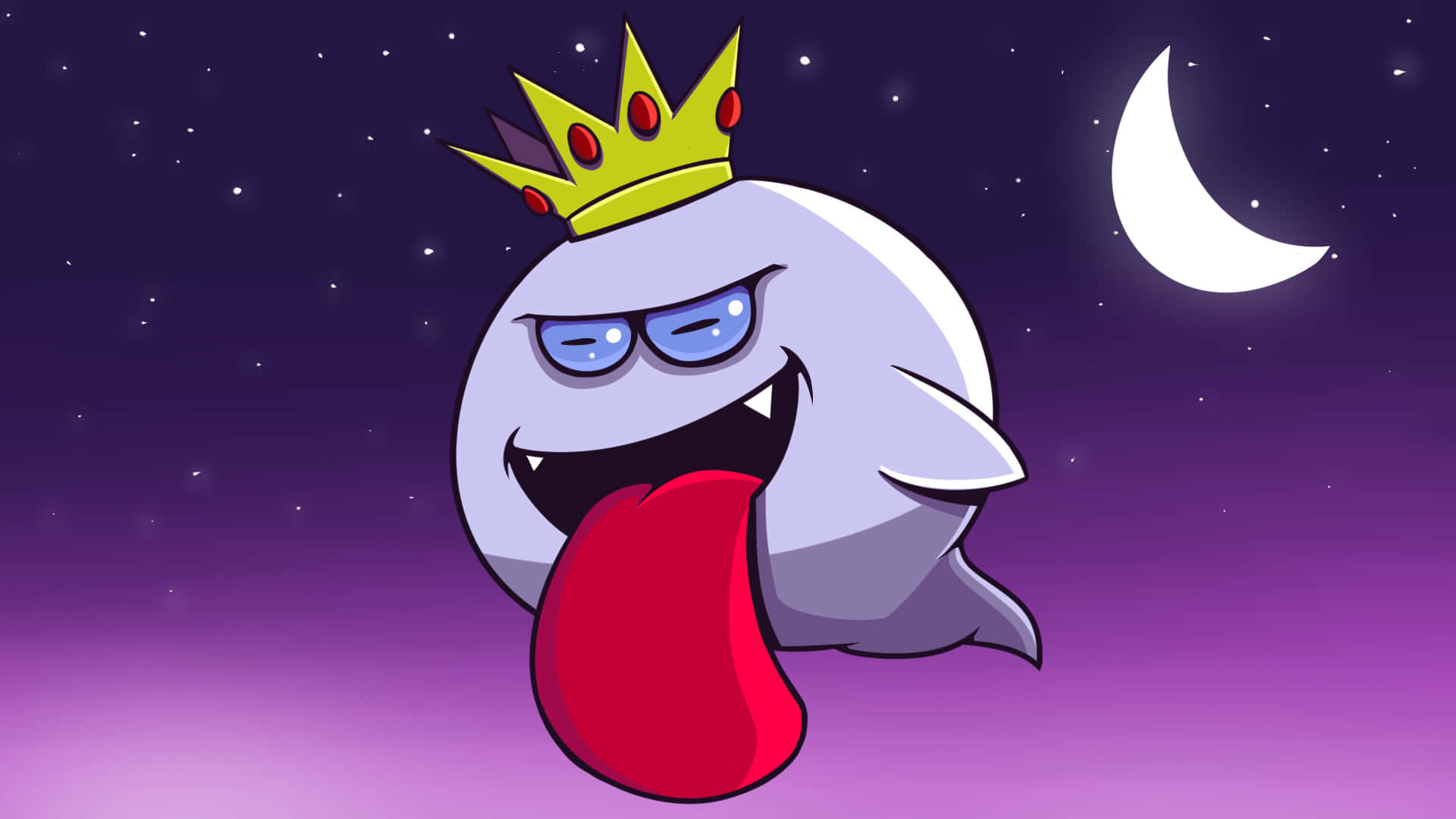 King Boo 桌布 壁紙 — 一個戴著皇冠和太陽眼鏡的卡通鬼魂，在滿天星星和彎月的夜空下伸出長長的紅色舌頭。