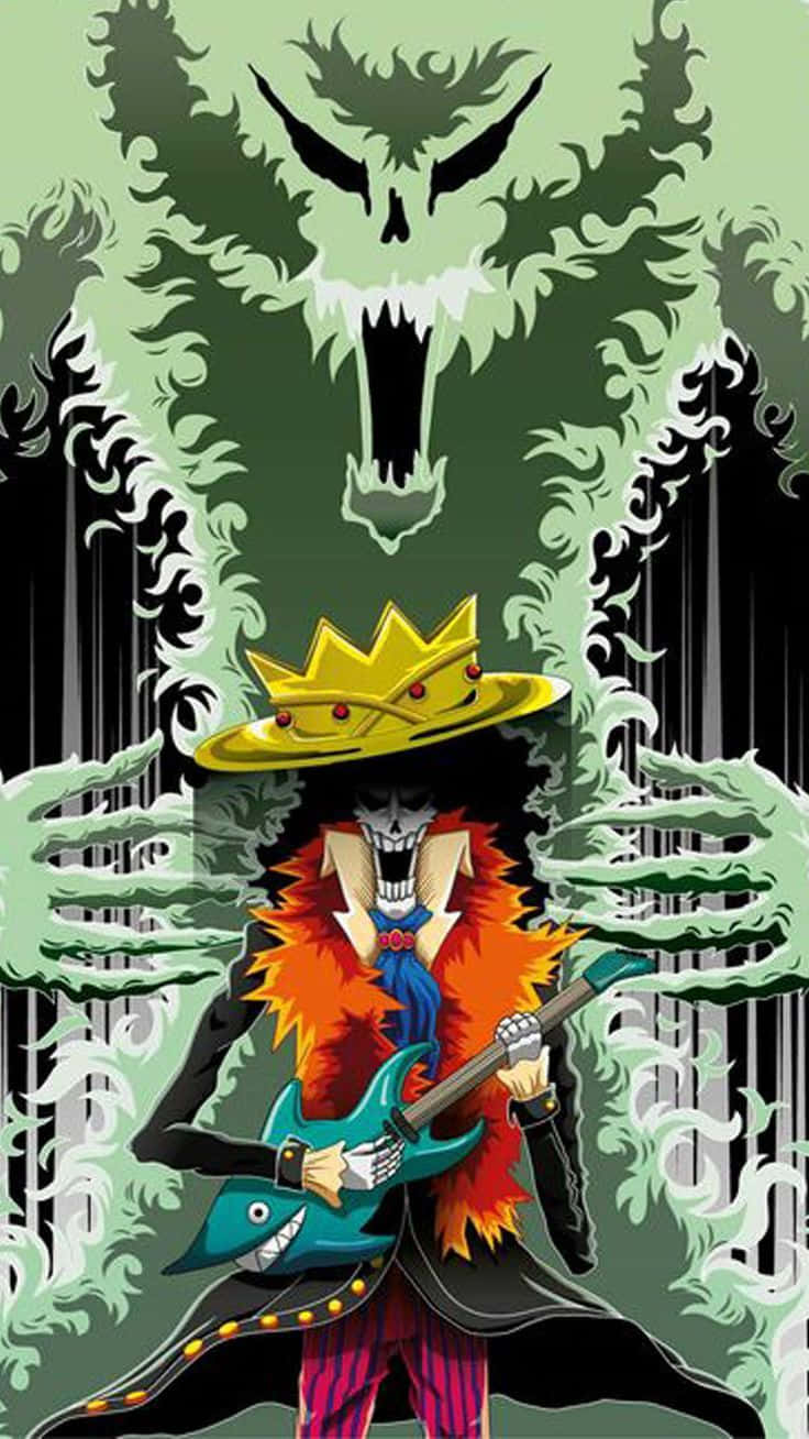 Brook 桌布 壁紙 — 一個戴著皇冠和火焰圍巾的骷髏海盜彈著鯊魚吉他，身後有一個鬼魅般的綠色怪物若隱若現。