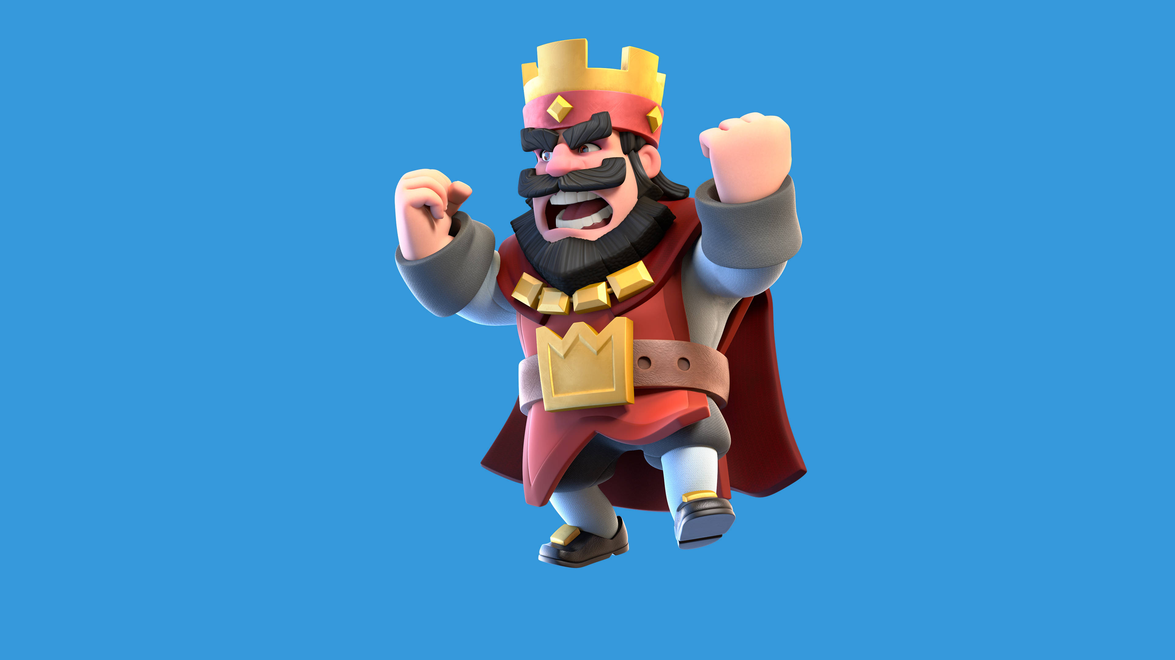 Clash Royale 桌布 壁紙 — 一個戴著皇冠和鬍鬚的卡通國王，在純藍色背景上勝利地舉起拳頭。