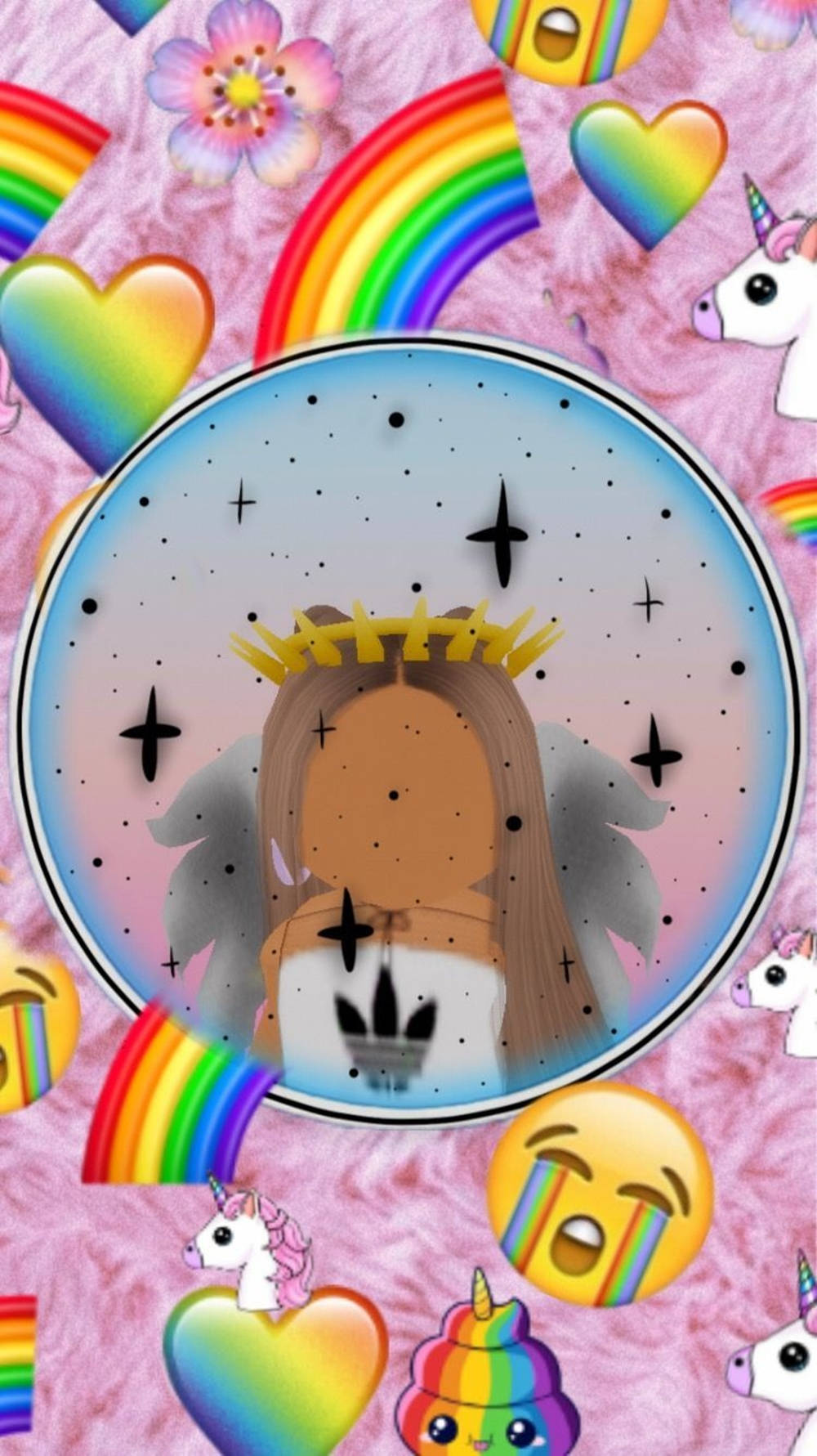 Roblox Pink 桌布 壁紙 — 一個戴著皇冠的卡通天使漂浮在星形圓圈中，周圍環繞著彩虹、獨角獸和彩色表情符號，背景是毛茸茸的粉紅色。