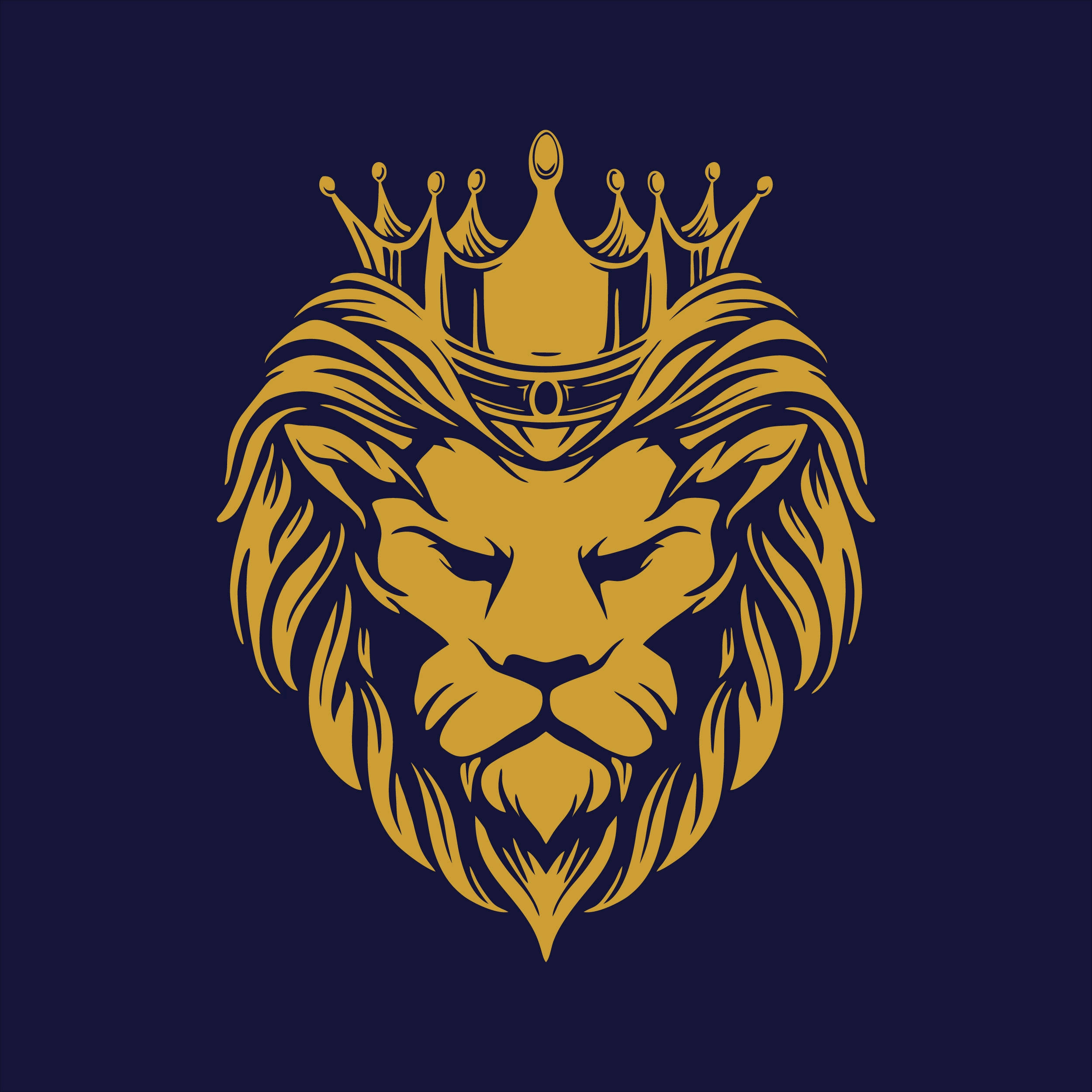 Lion Head 桌布 壁紙 — 一個戴著皇冠的威嚴金色獅子頭，以粗獷的向量風格呈現在深海軍藍背景上。