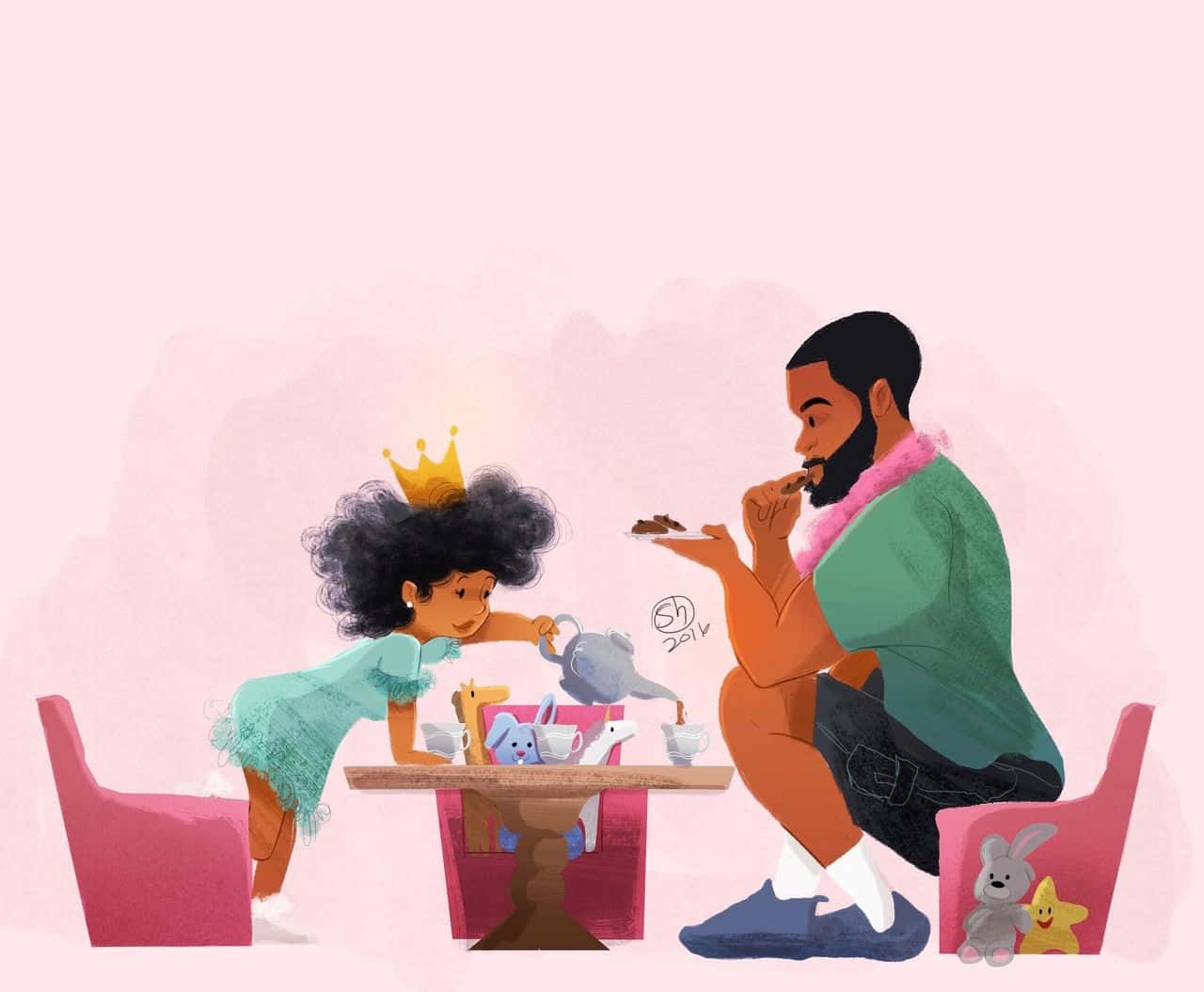 Family 桌布 壁紙 — 一個戴著皇冠的小女孩在一張擺滿毛絨玩具的奇思妙想的桌子旁為父親倒茶。