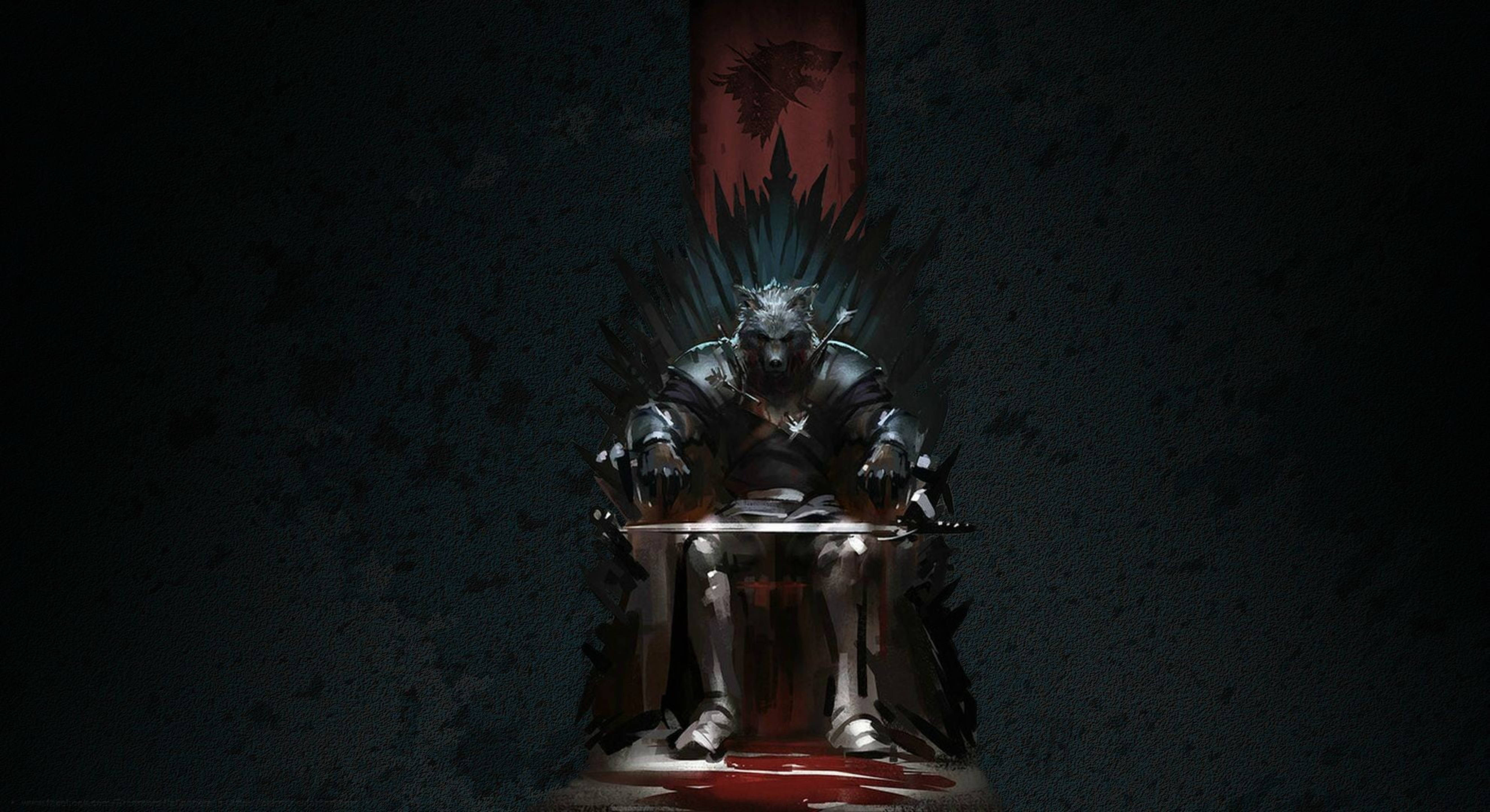 House Stark 桌布 壁紙 — 一個戴著皇冠的狼頭人物坐在由劍組成的王座上，下方有血池，呈現黑暗粗糙的數位藝術場景。