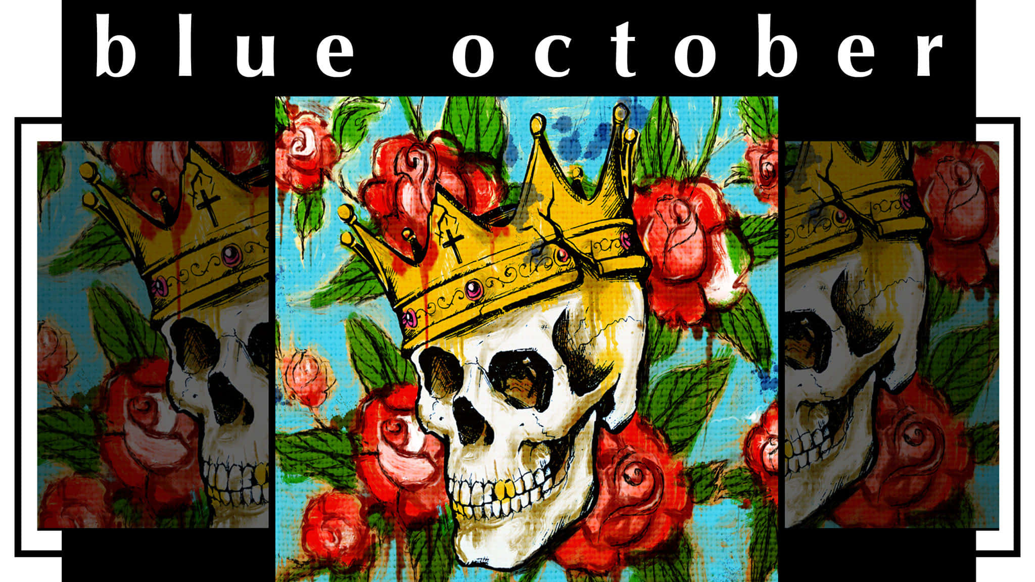 Blue October 桌布 壁紙 — 一個戴著皇冠的頭骨被紅玫瑰環繞，背景為帶紋理的藍色，並有 'blue october' 文字。