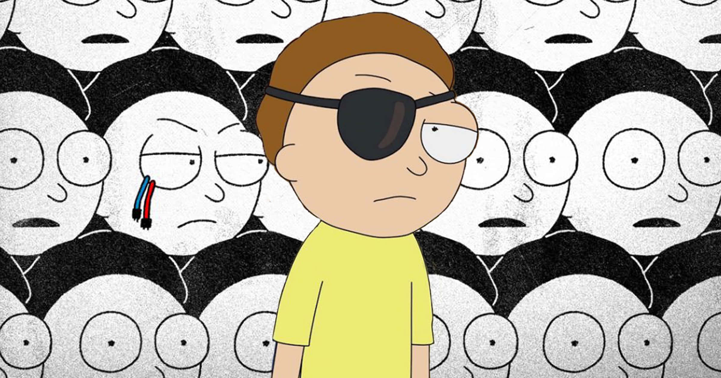 Evil Morty 桌布 壁紙 — 一個戴著眼罩的卡通男孩獨自站在一群面目相同的空白面孔角色面前。