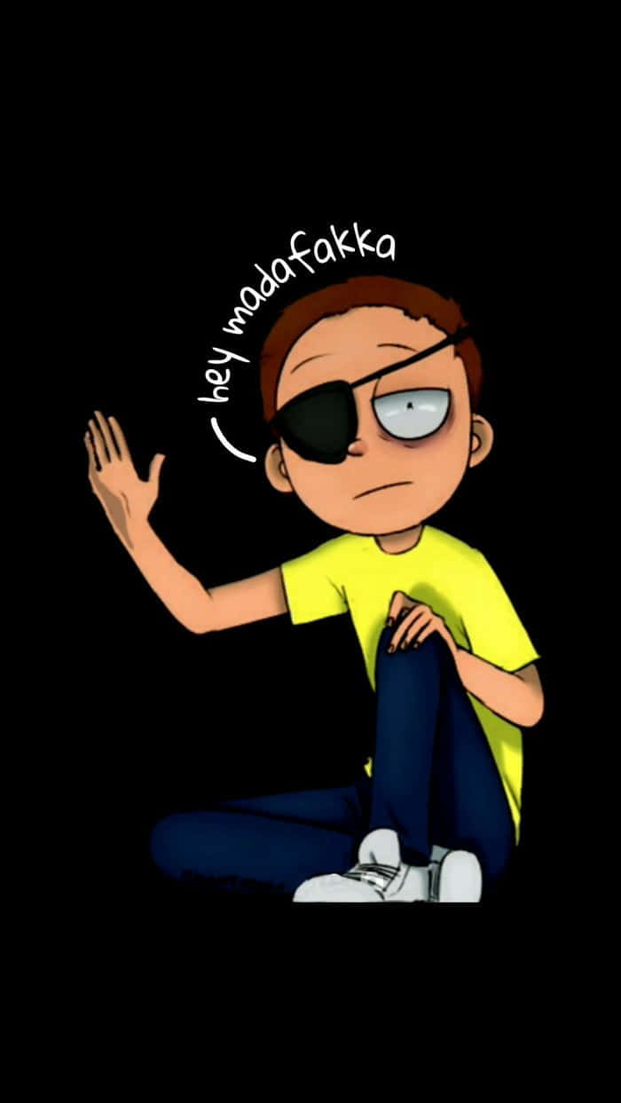 Evil Morty 桌布 壁紙 — 一個戴著眼罩的卡通男孩盤腿坐在黑色背景前，揮著手，上方有文字。
