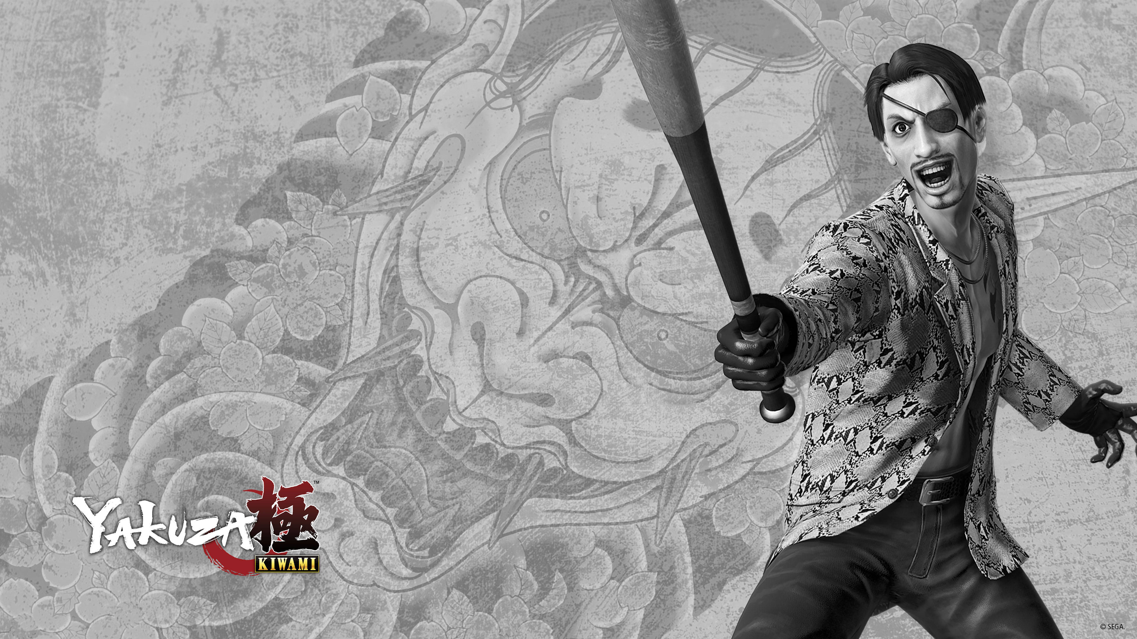 Majima Goro 桌布 壁紙 — 一個戴著眼罩的粗獷動漫角色，在單色調的紋身龍背景下揮舞著棒球棍。