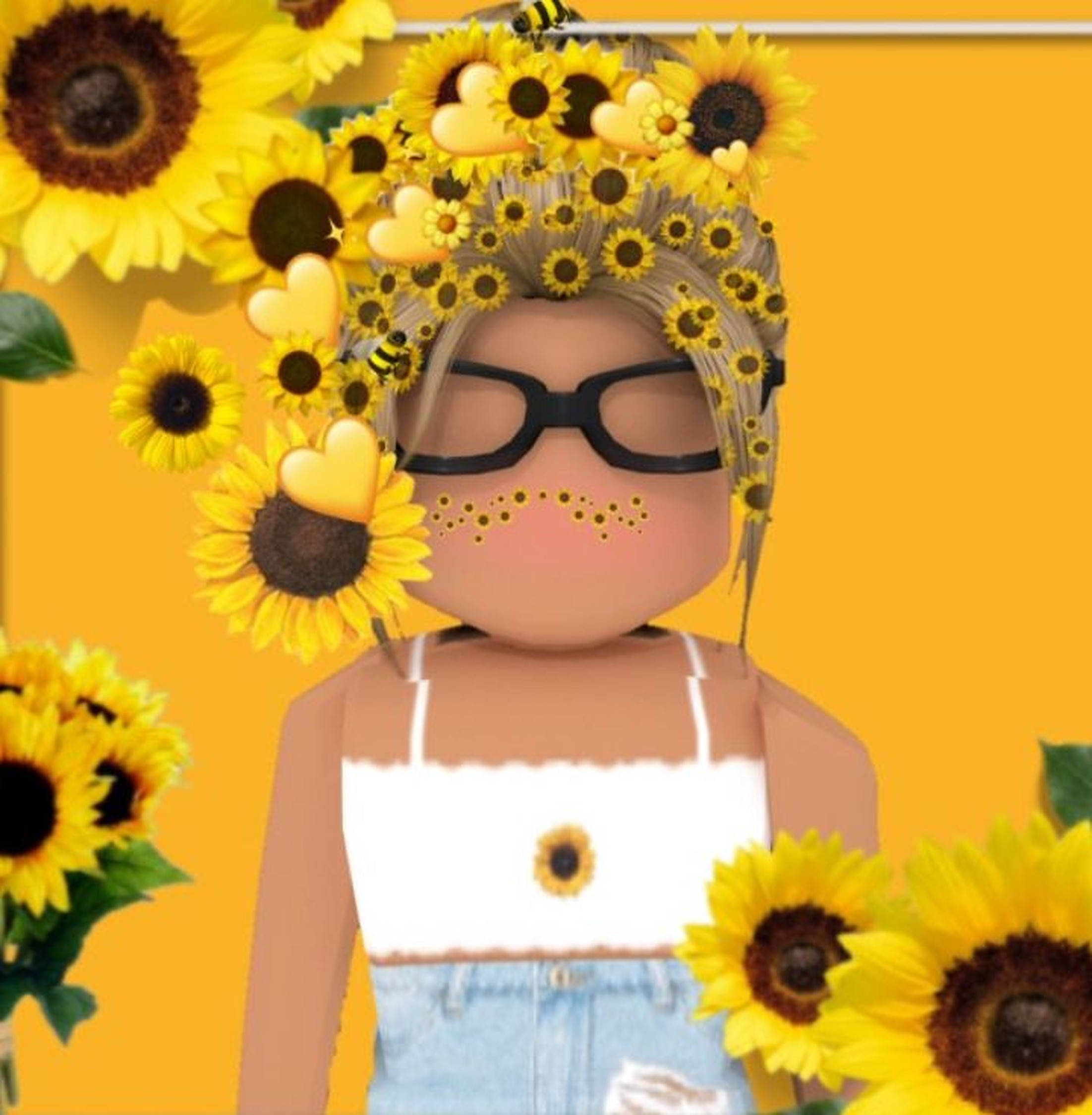 Roblox 女孩 桌布 壁紙 — 一個戴著眼鏡和向日葵花環的Roblox虛擬角色，被鮮黃色的向日葵圍繞，背景是純橙色。