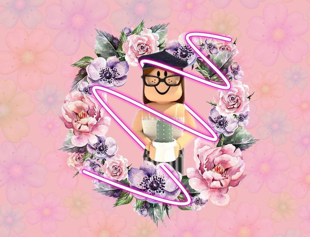 Roblox 女孩 桌布 壁紙 — 一個戴著眼鏡和帽子的Roblox虛擬角色，在粉彩花卉背景上，手持一個仙人掌，周圍是發光粉紅霓虹勾勒出的鮮豔花環。