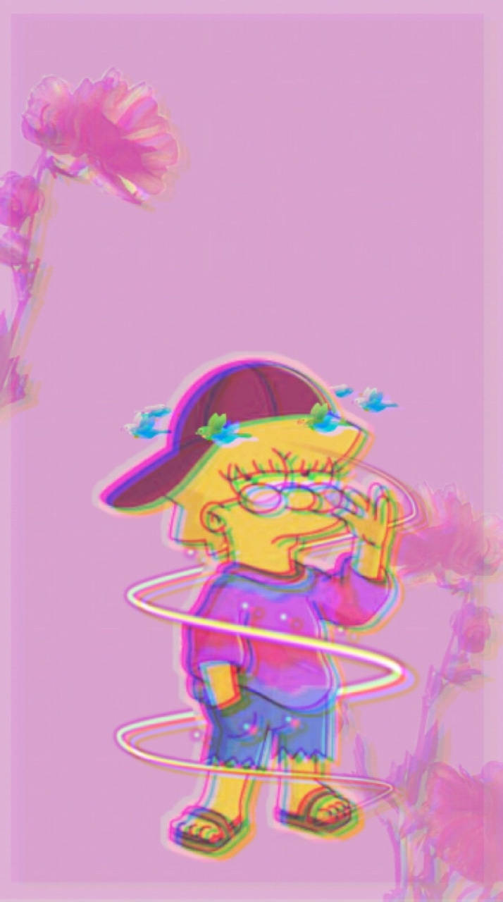 Grunge Emo Aesthetic 桌布 壁紙 — 一個戴著眼鏡和帽子的風格化卡通角色站在粉紅色花朵中，背景是發光的紫色。