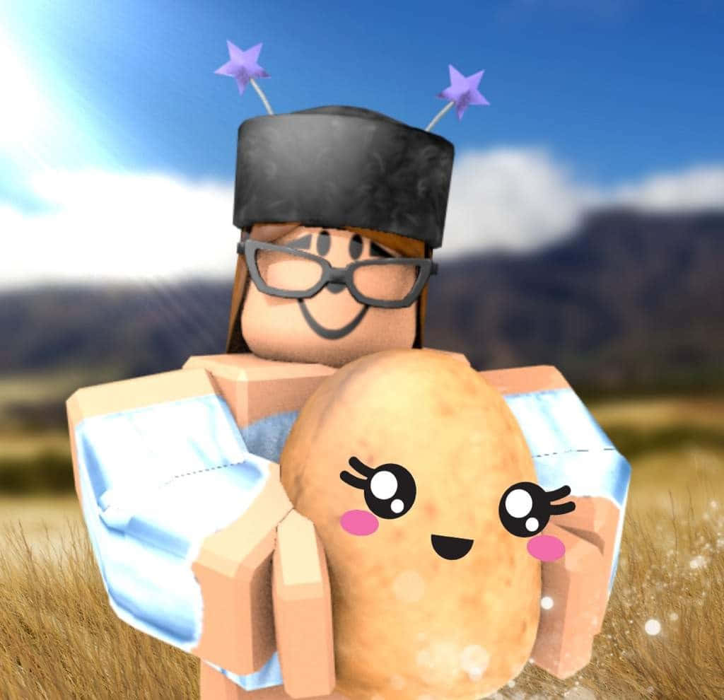 Roblox Pink 桌布 壁紙 — 一個戴著眼鏡和星星帽子的Roblox虛擬角色在陽光明媚的田野裡擁抱一個可愛的動畫馬鈴薯。