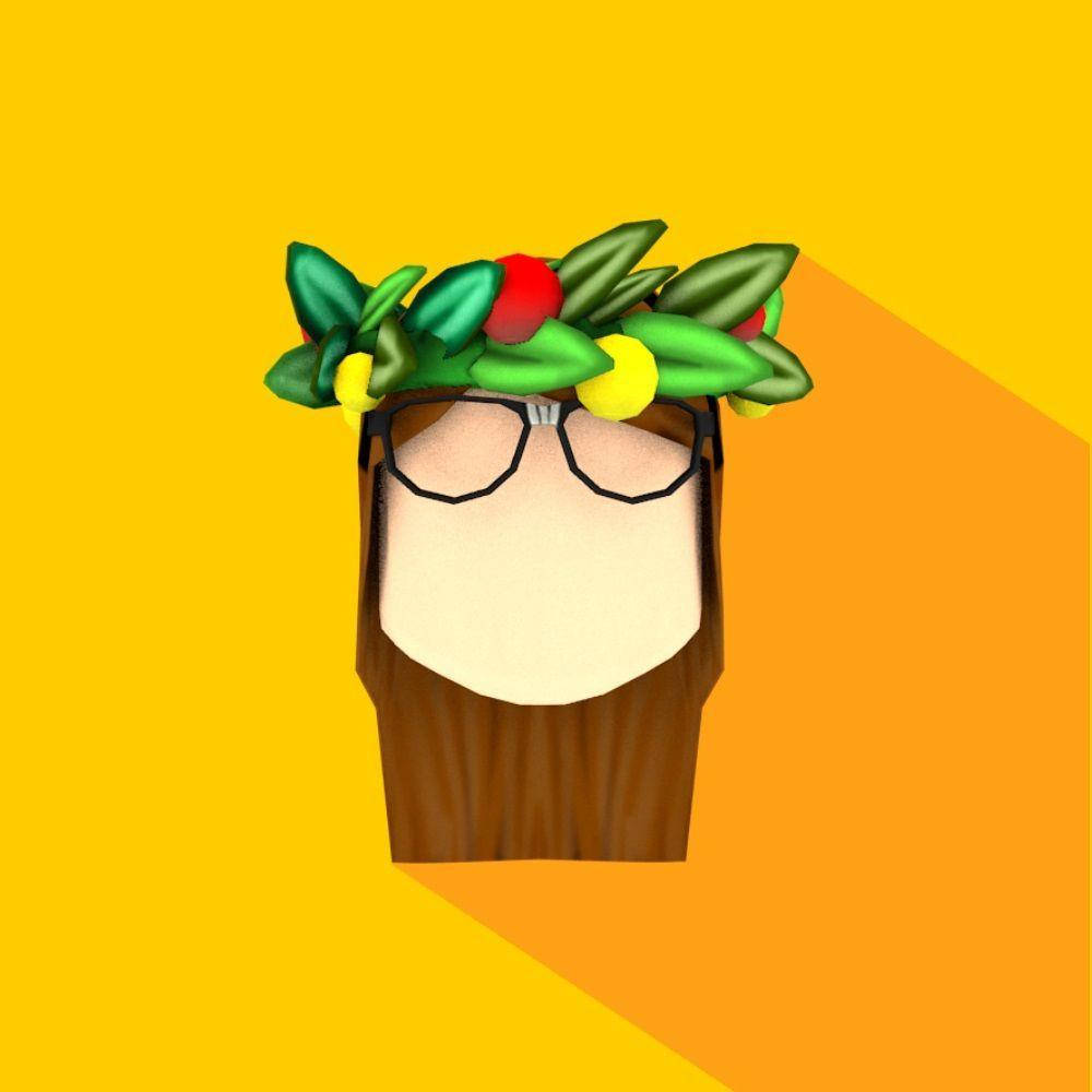 美學 Roblox 女孩 桌布 壁紙 — 一個戴著眼鏡和柑橘葉冠的風格化木頭頭部，背景是充滿活力的黃色和橙色漸變。