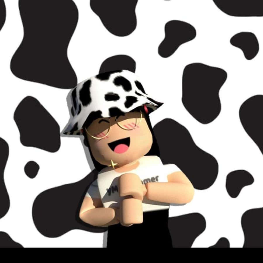 TikTok 動圖 桌布 壁紙 — 一個戴著眼鏡和牛紋帽子的快樂Roblox頭像，在相配的牛紋背景前微笑。