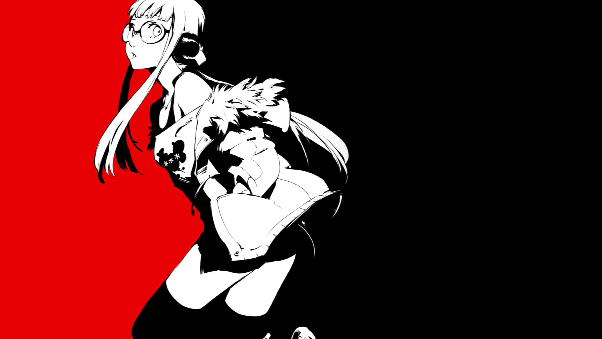 Joker Persona 5 桌布 壁紙 — 一個戴著眼鏡和耳機的風格化動漫女孩，靠在一個大膽的紅黑背景上。