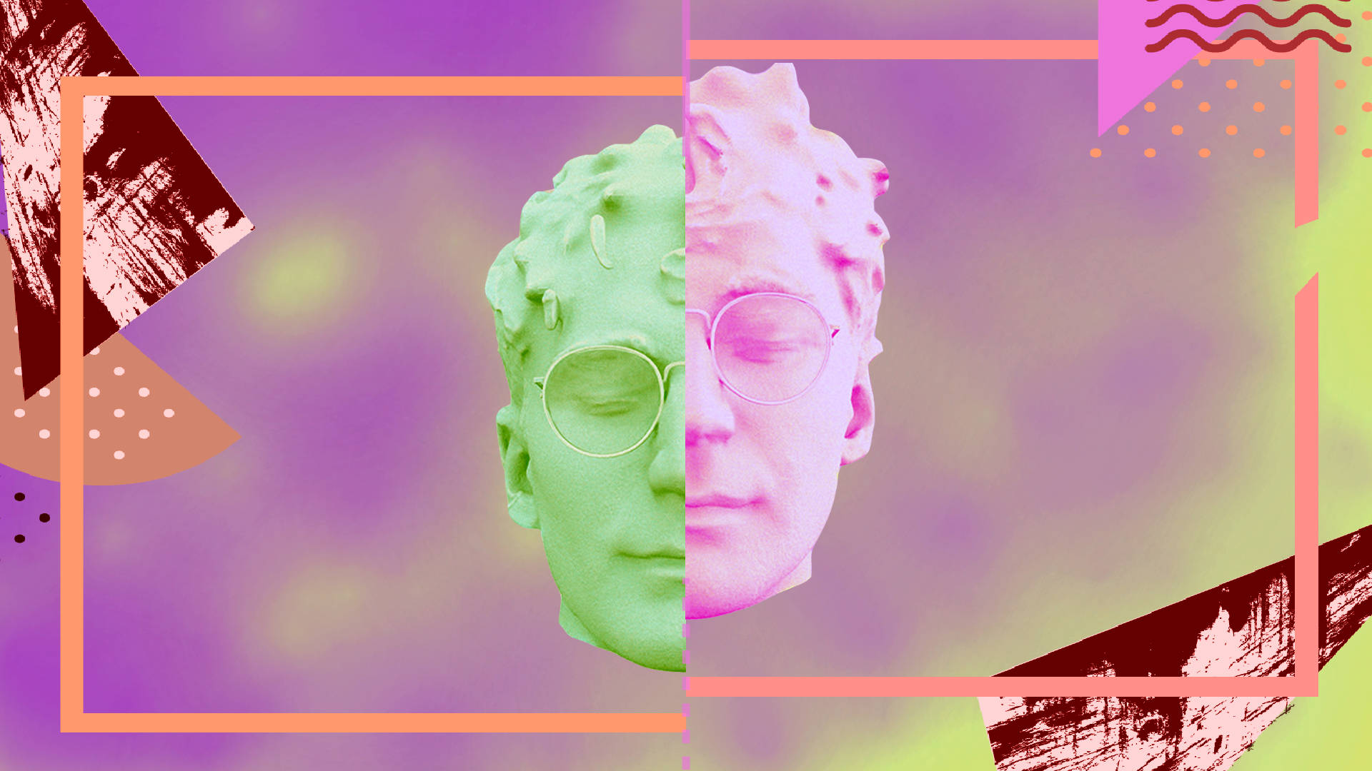 animals 桌布 壁紙 — 一個戴著眼鏡的古典雕像頭部的分割肖像，背景是充滿幾何形狀和柔和漸層色的鮮豔抽象背景。