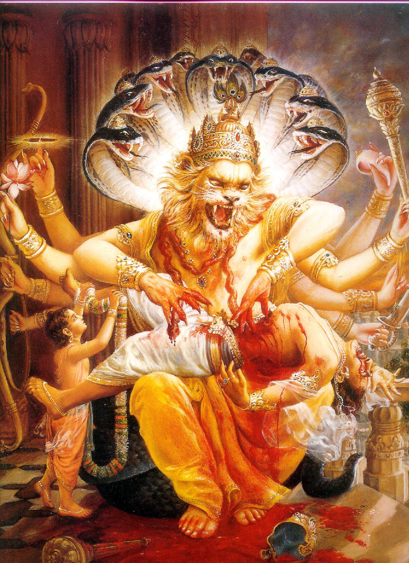 Vishnu 桌布 壁紙 — 一個戴著眼鏡蛇王冠、多臂獅頭的神祇，威風凜凜地統治著血跡斑斑的王座廳，周圍環繞著信徒和神聖符號。
