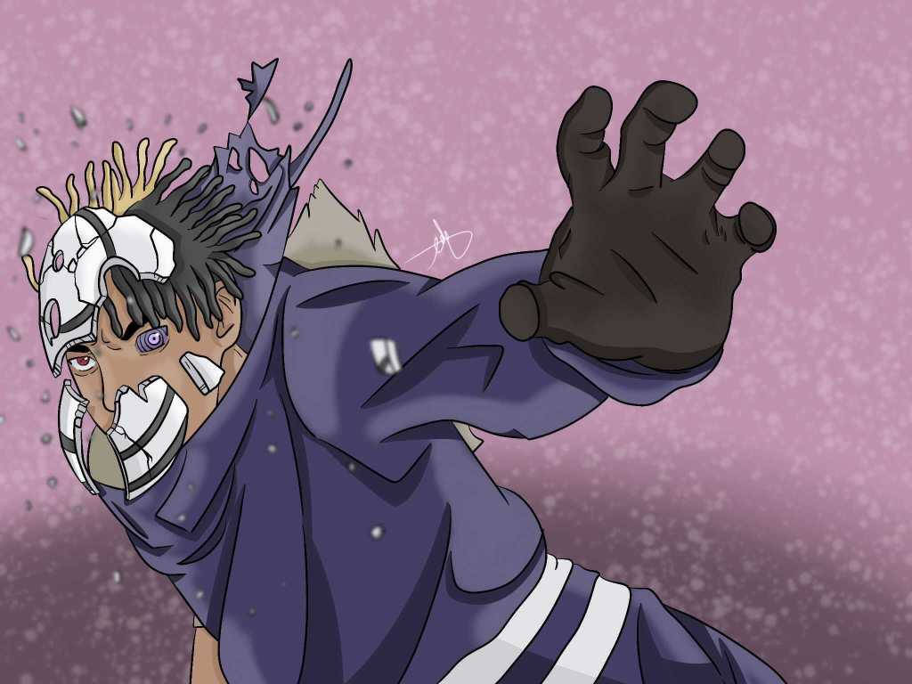 Xxxtentacion Cartoon 桌布 壁紙 — 一個戴著破損面具、身穿紫色服裝的動漫角色，在帶有斑點的粉紅色背景上向前猛衝。