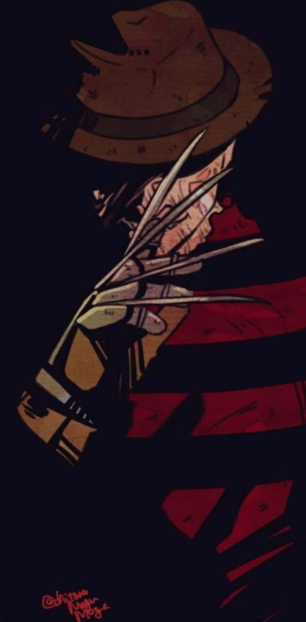 Freddy Krueger 桌布 壁紙 — 一個戴著破舊帽子和條紋衫的可怕人物，在黑暗背景下揮舞著帶有鋒利刀片的手套。