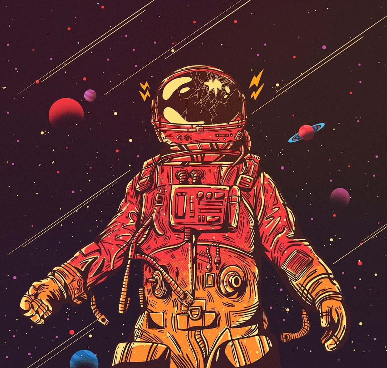 太空人 桌布 壁紙 — 一個戴著破裂頭盔的紅色和橙色太空人，漂浮在充滿色彩繽紛行星和流星劃過的太空中。