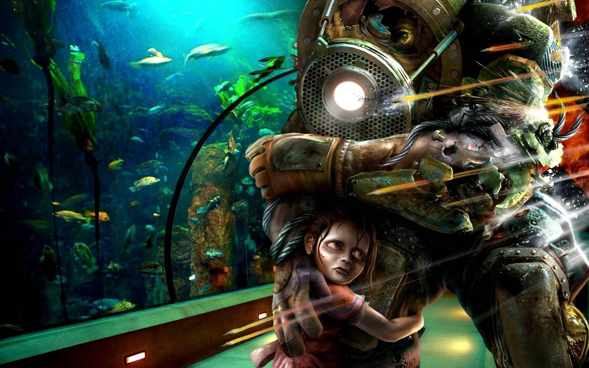 bioshock 4K 桌布 壁紙 — 一個戴著笨重頭盔的蒸氣龐克潛水員，在發光的水下遺跡和游動的魚群中懷抱著一個蒼白的孩子。
