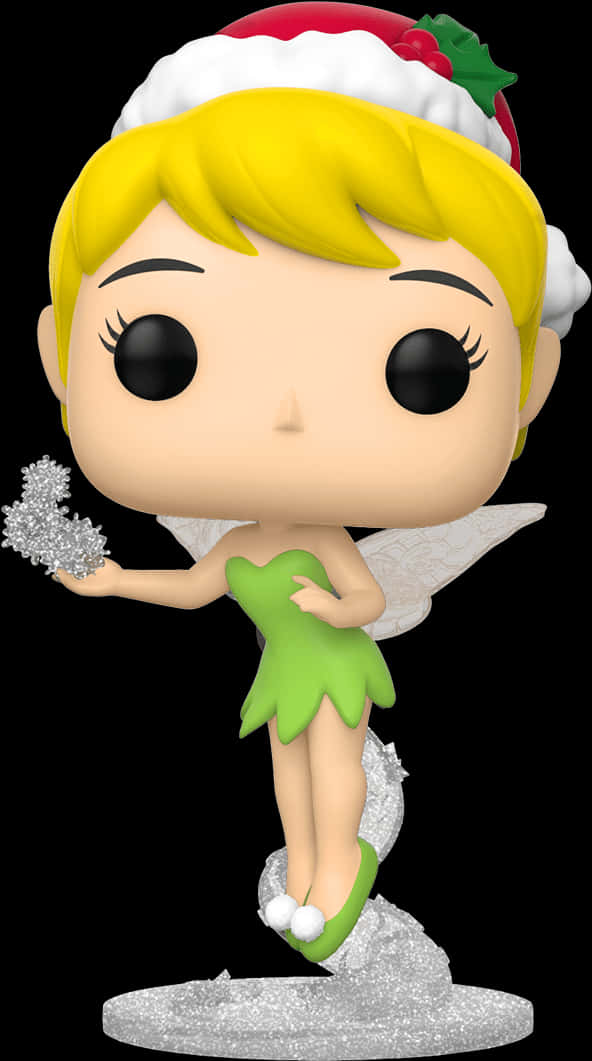奇妙仙子 動圖 桌布 壁紙 — 一個戴著節日聖誕老人帽的Funko Pop!小叮噹乙烯基公仔，在黑色背景前拿著閃閃發光的雪花。