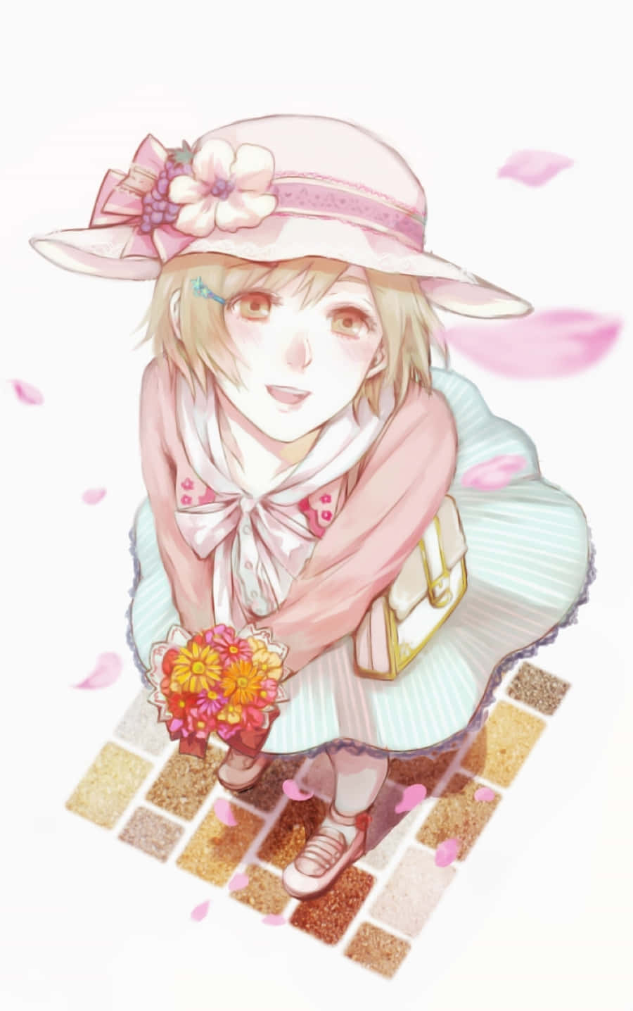 Hinami Fueguchi 桌布 壁紙 — 一個戴著粉紅色帽子和圍巾的開朗動漫女孩，站在鋪滿花瓣的瓷磚小徑上，手裡拿著一束花。
