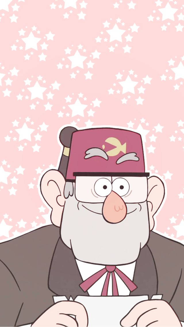 grunkle stan 桌布 壁紙 — 一個戴著粉紅色帽子和眼鏡的快樂卡通男人，在粉紅色星星背景前微笑著拿著文件。