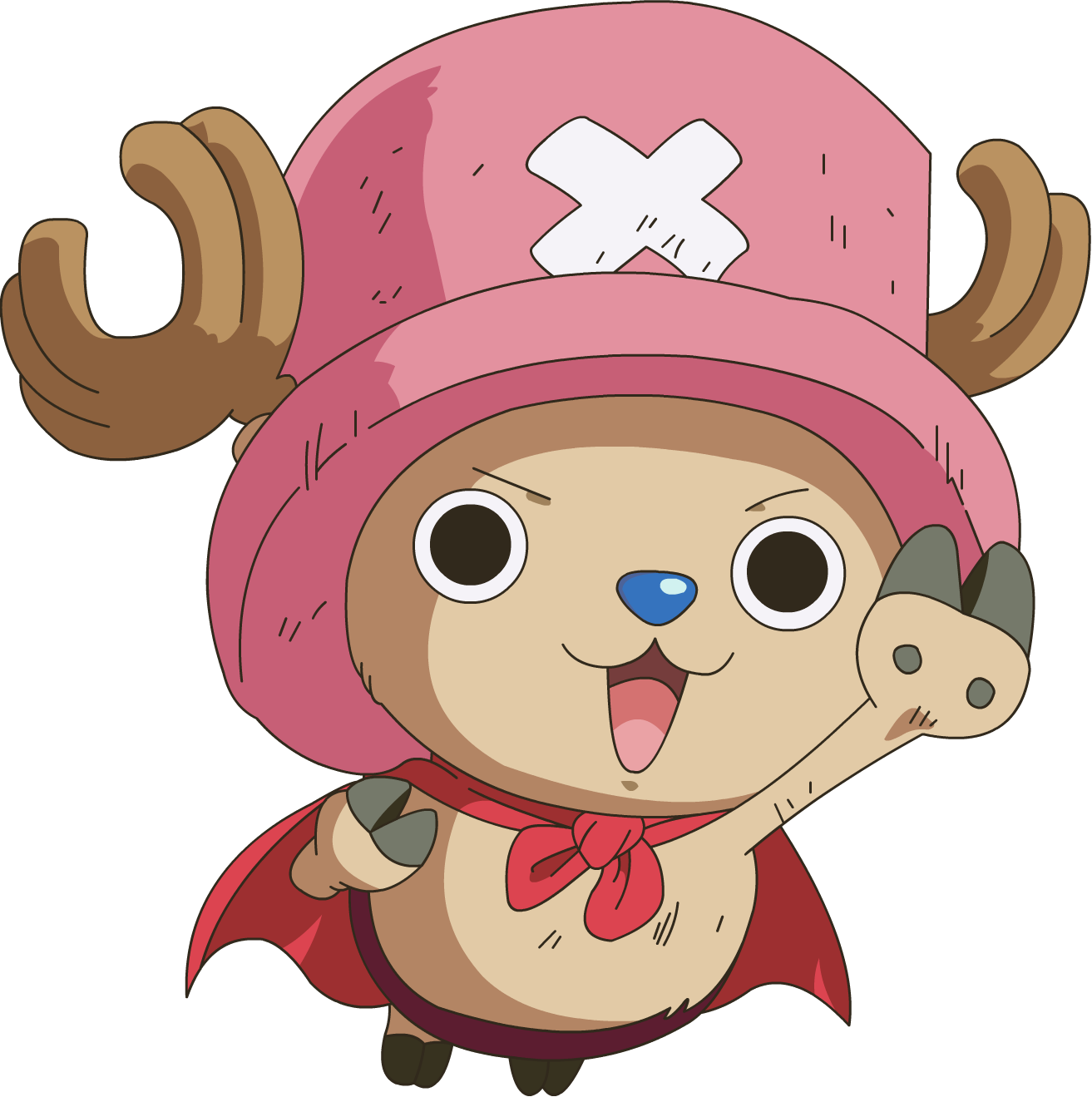 Chopper 桌布 壁紙 — 一個戴著粉紅色帽子和紅色斗篷的開朗動漫角色在黑色背景上愉快地揮手。