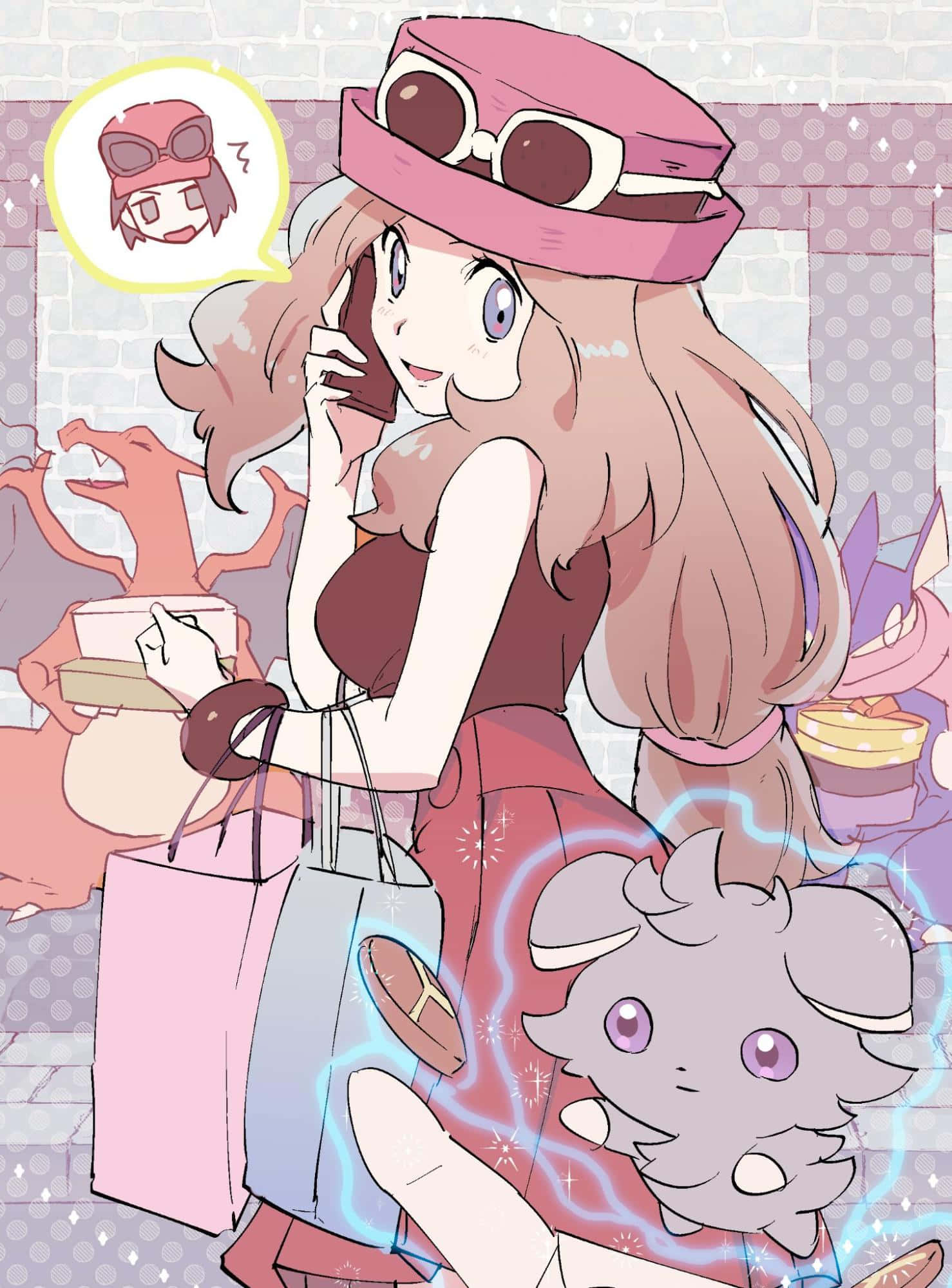 Shopping 桌布 壁紙 — 一個戴著粉紅色帽子和連衣裙的開朗動漫女孩，一邊拿著購物袋一邊講電話，旁邊有一隻電系寶可夢。