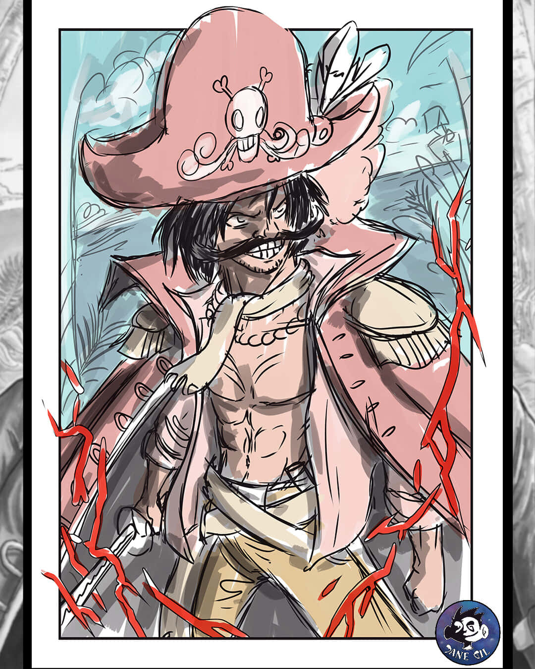 King Of The Pirates 桌布 壁紙 — 一個戴著粉紅色帽子和骷髏標誌的兇猛海盜，在紅色閃電效果中揮舞著劍，咧嘴而笑。