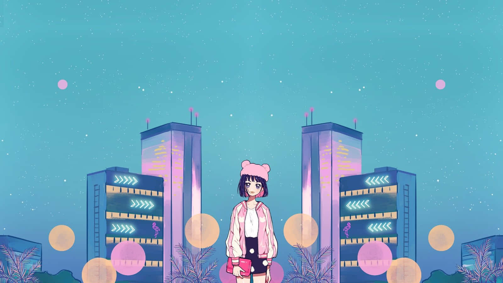 Aesthetic Anime City 桌布 壁紙 — 一個戴著粉紅色帽子的可愛動漫女孩，站在閃爍的未來主義塔樓前，背景是星光閃爍的藍綠色天空。