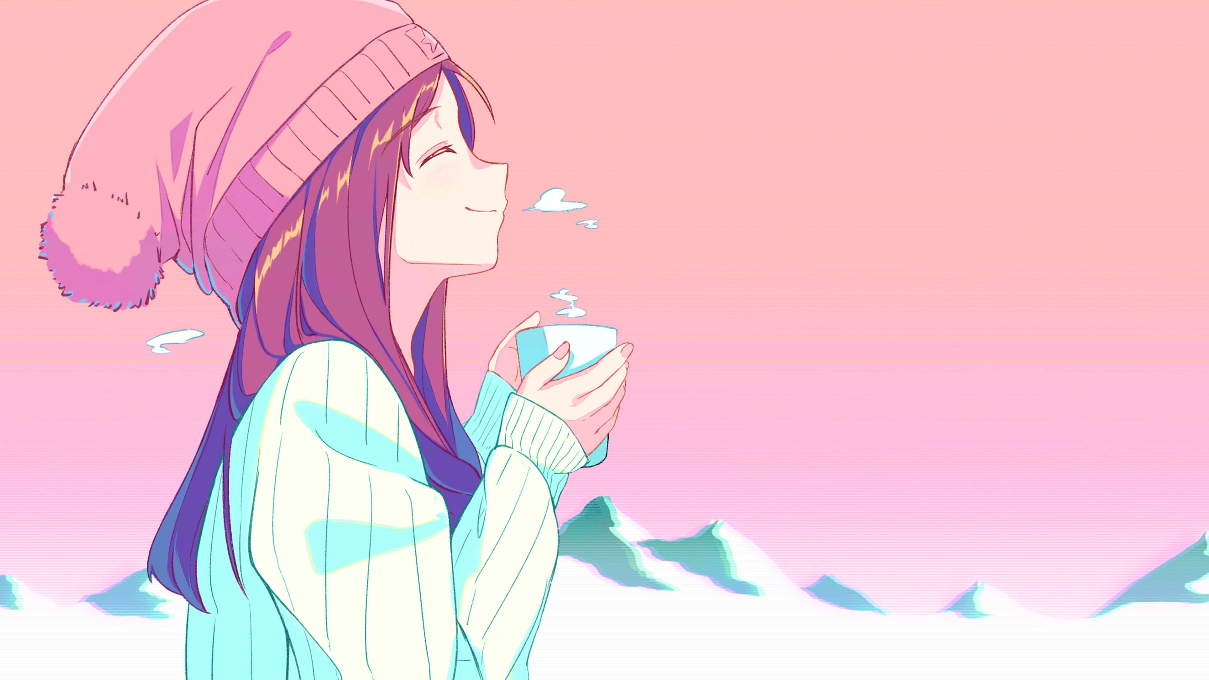 Aesthetic Pink Anime 桌布 壁紙 — 一個戴著粉紅色帽子的微笑動漫女孩，在柔和的粉紅色雪山背景下拿著一杯冒著熱氣的飲料。