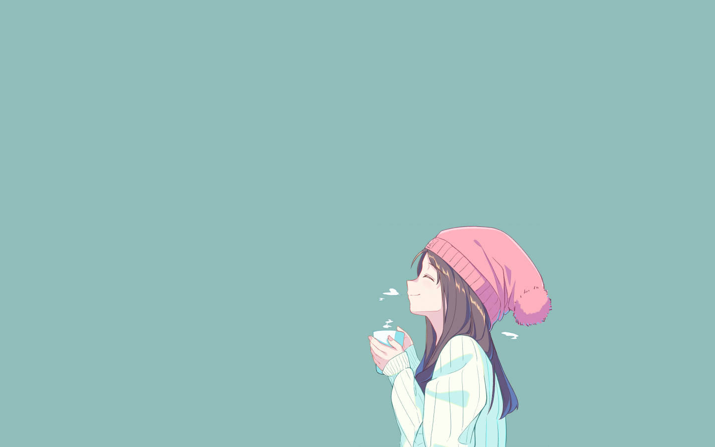 桌布 壁紙 — 一個戴著粉紅色毛帽、微笑的動漫女孩，在純藍綠色背景前啜飲一杯冒著蒸氣的杯子。