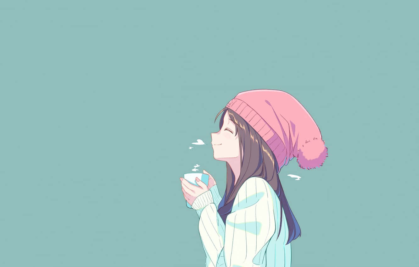 Woman 桌布 壁紙 — 一個戴著粉紅色毛帽的動漫女孩，微笑著在柔和的青綠色背景下喝著熱茶。