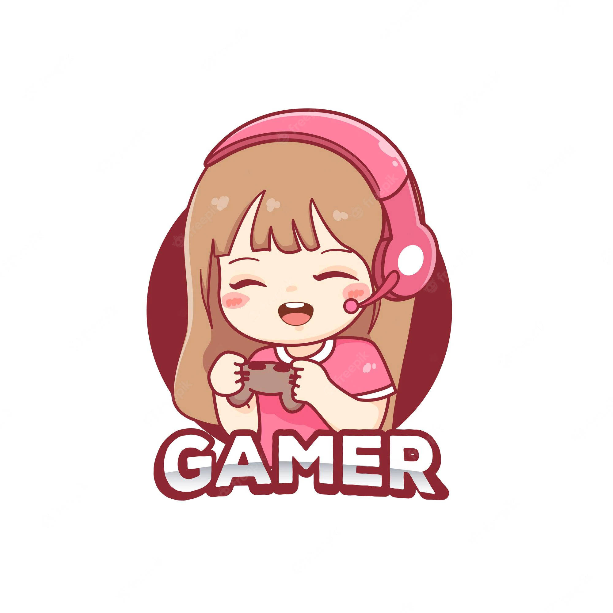 Gamer Logo 桌布 壁紙 — 一個戴著粉紅色耳機和控制器開心的卡通女孩，玩遊戲時洋溢著喜悅。